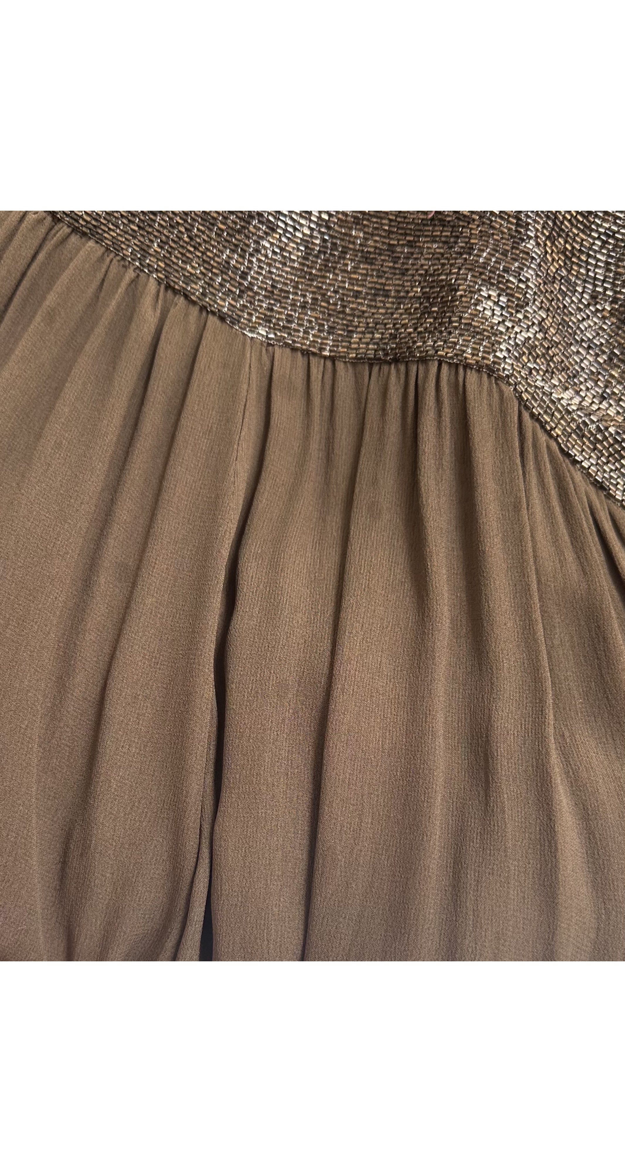 1970s Beaded Brown Silk Chiffon Bishop Sleeve Evening Gown