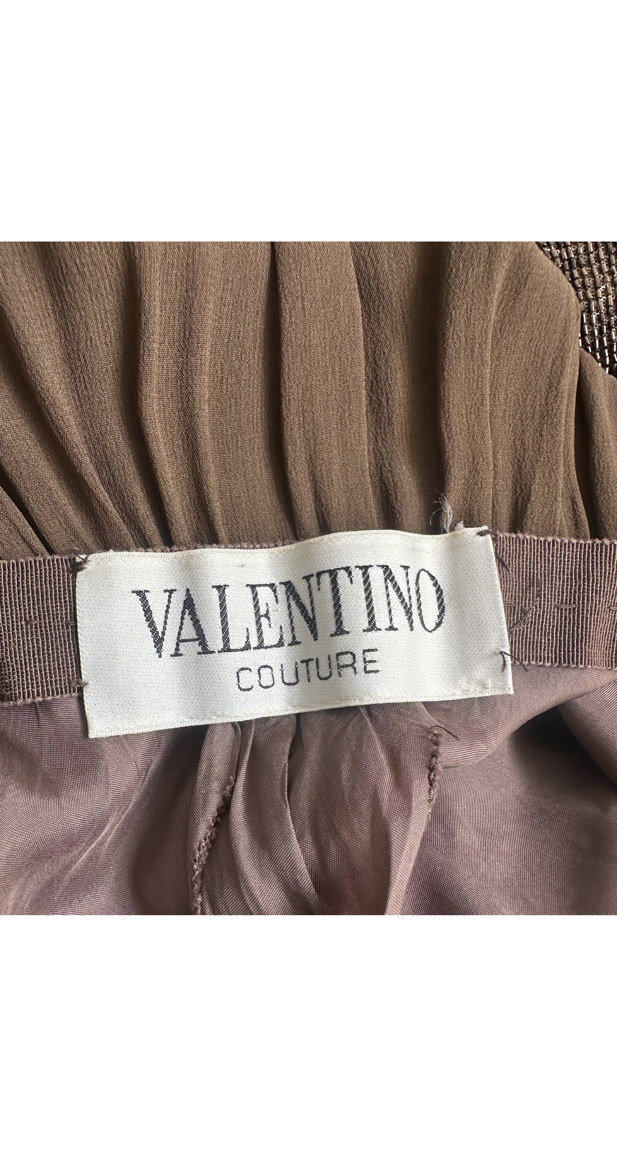 1970s Beaded Brown Silk Chiffon Bishop Sleeve Evening Gown