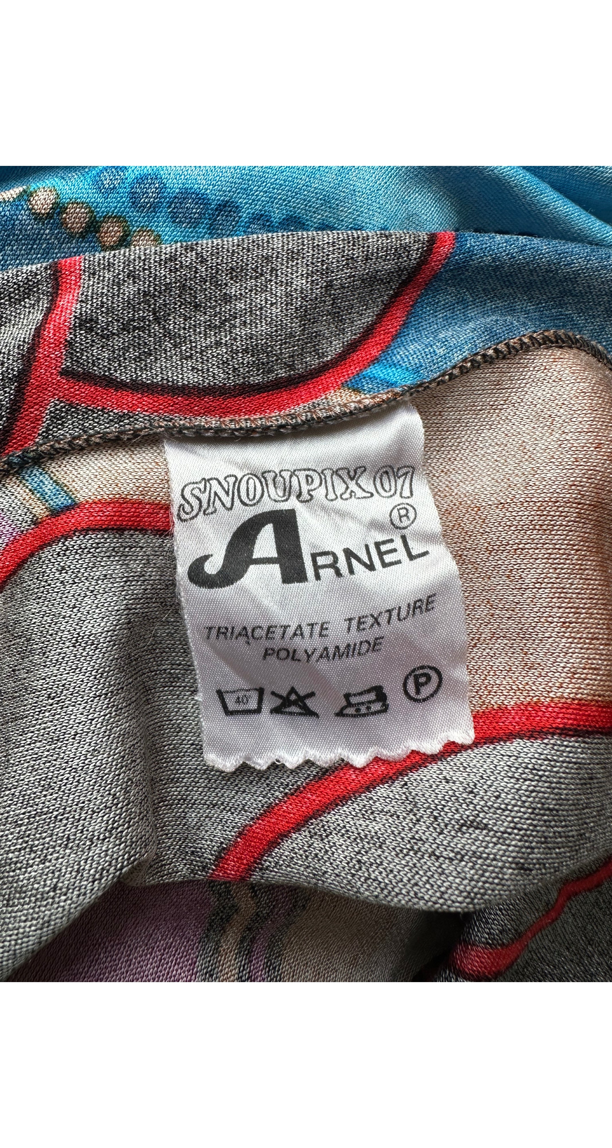 1970s Geometric Print Black Jersey Halter Neck Maxi Dress