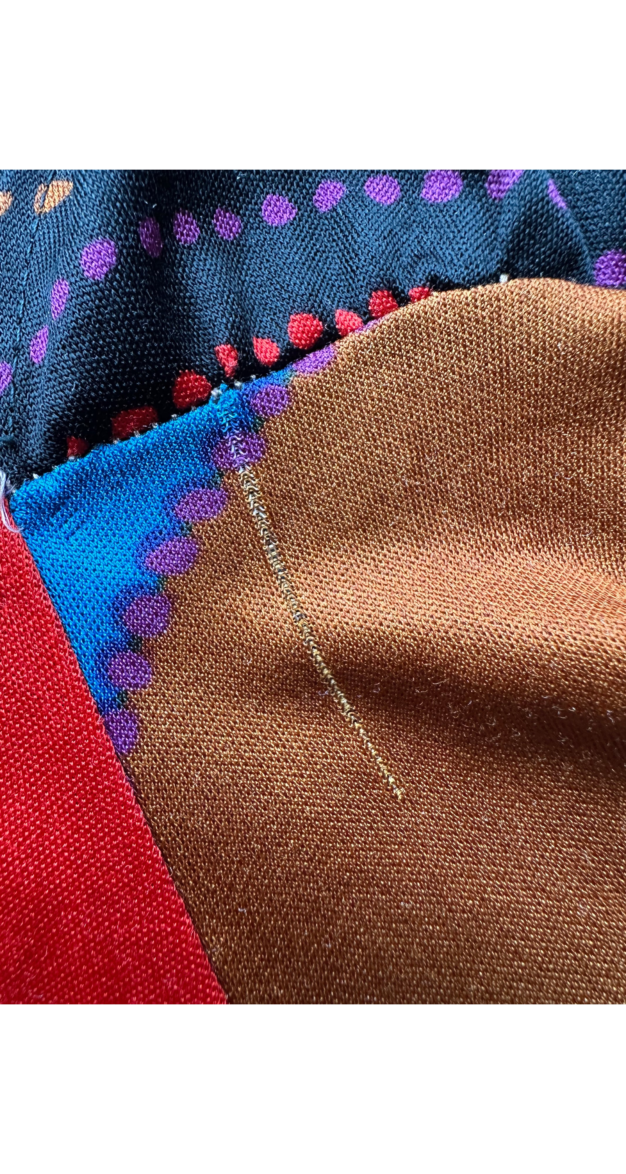 1970s Geometric Print Black Jersey Halter Neck Maxi Dress