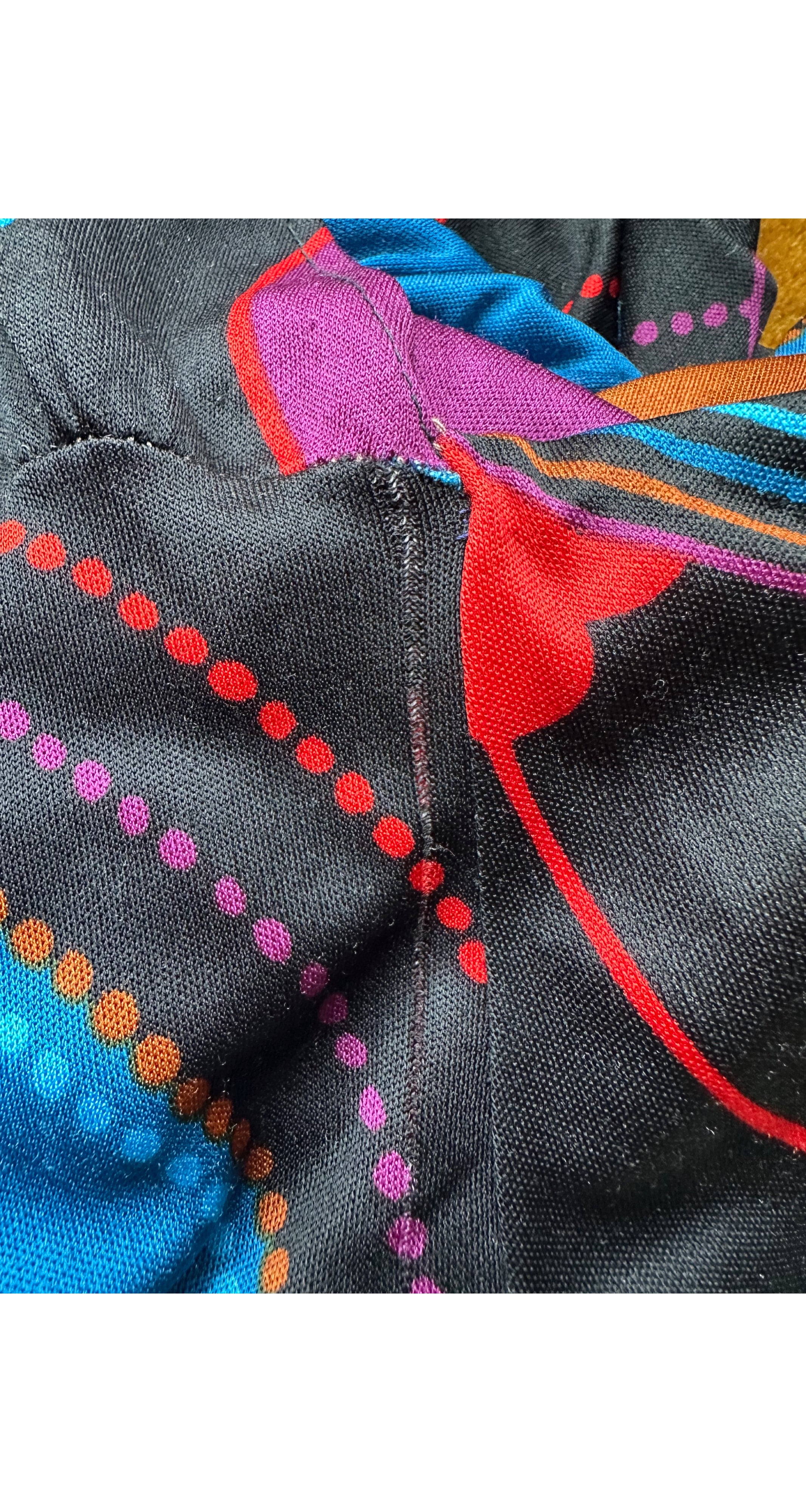 1970s Geometric Print Black Jersey Halter Neck Maxi Dress