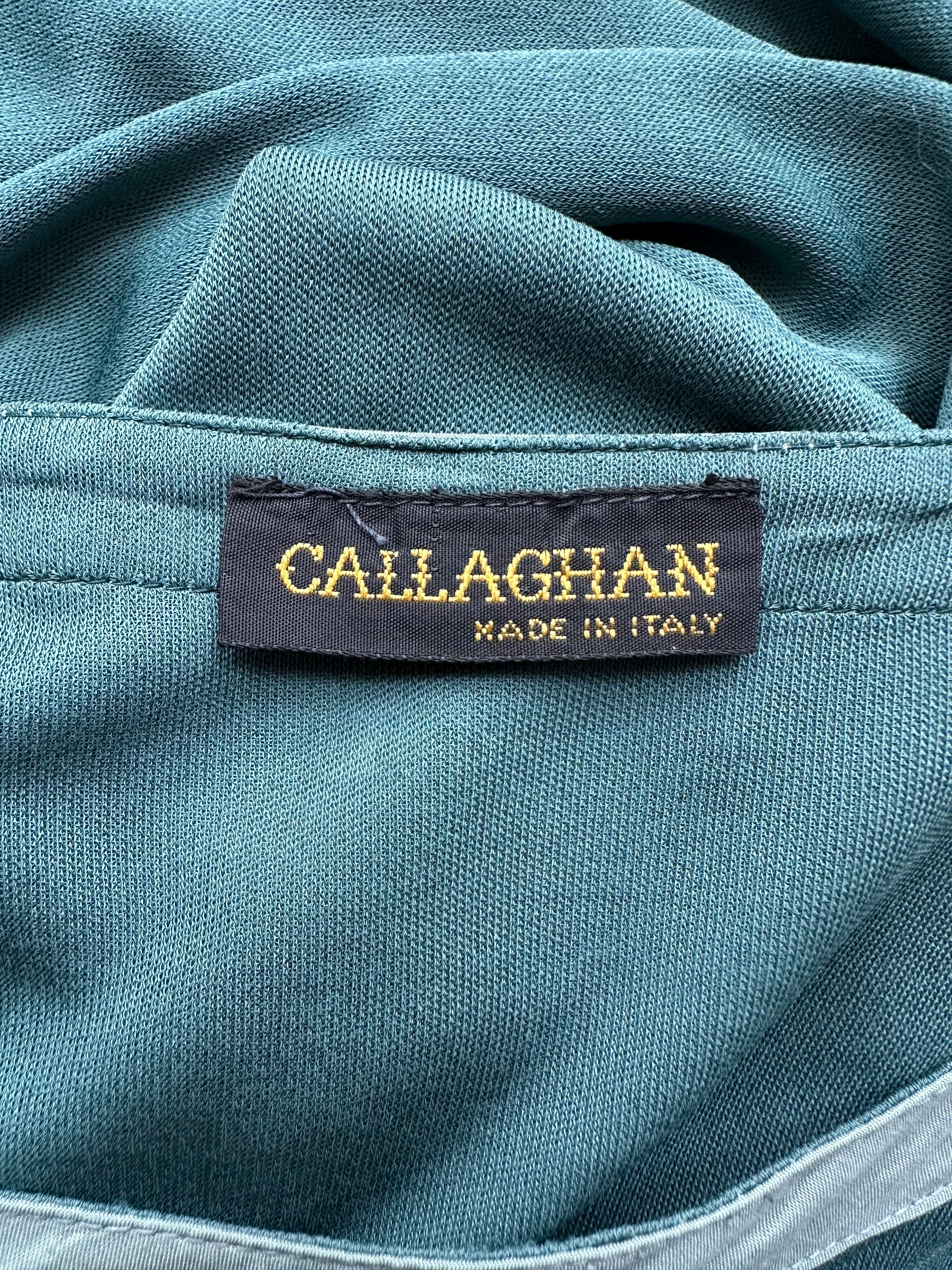 1980s Teal Rayon Jersey Long Sleeve Midi Dress