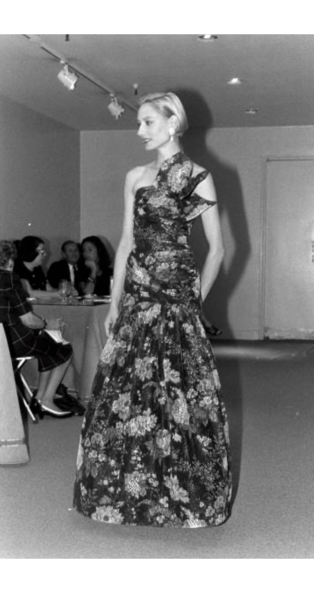 1987 Resort Floral Black Net Strapless Evening Gown