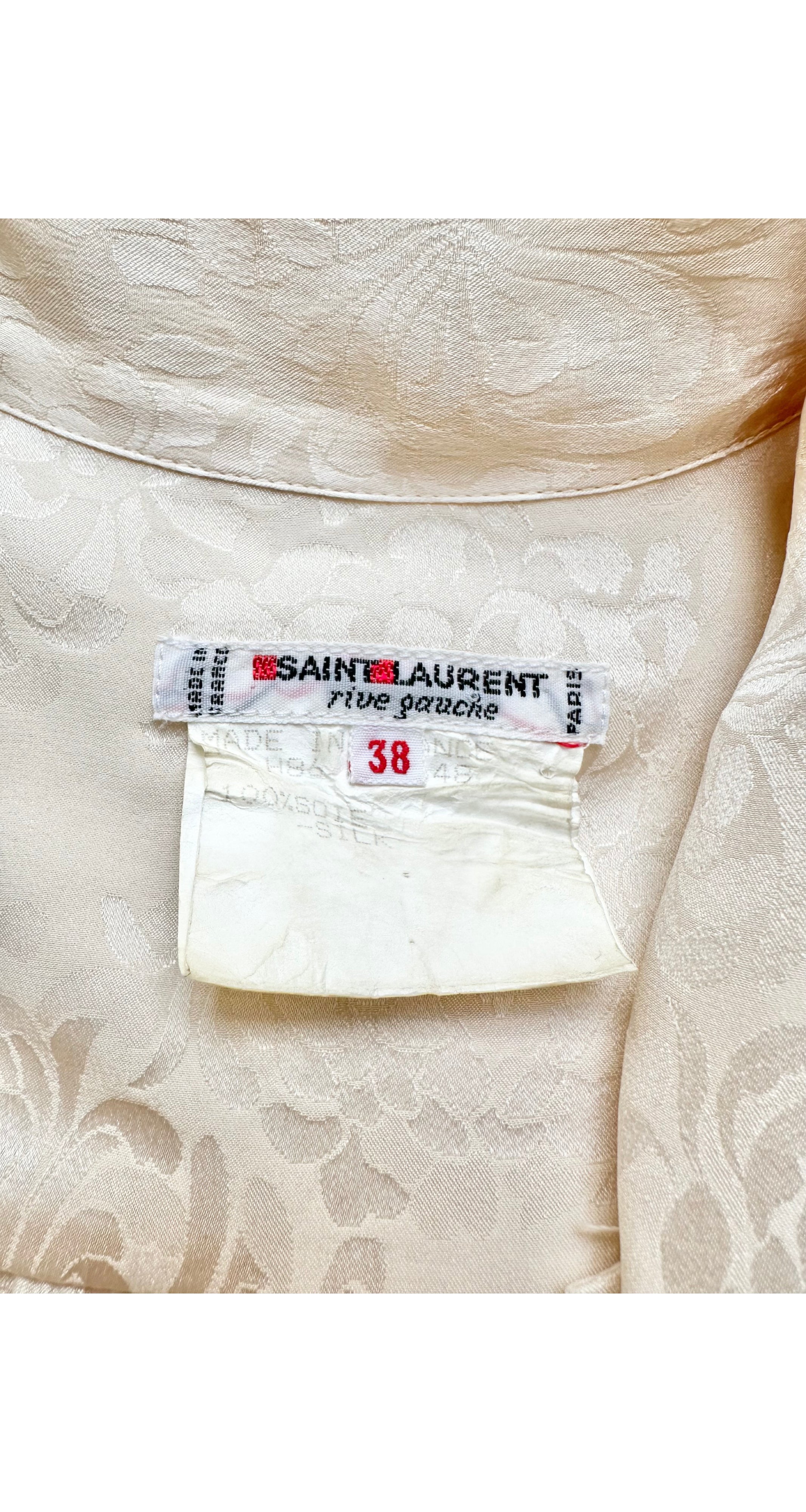 1970s Peony Print Cream Silk Jacquard Tie-Neck Blouse