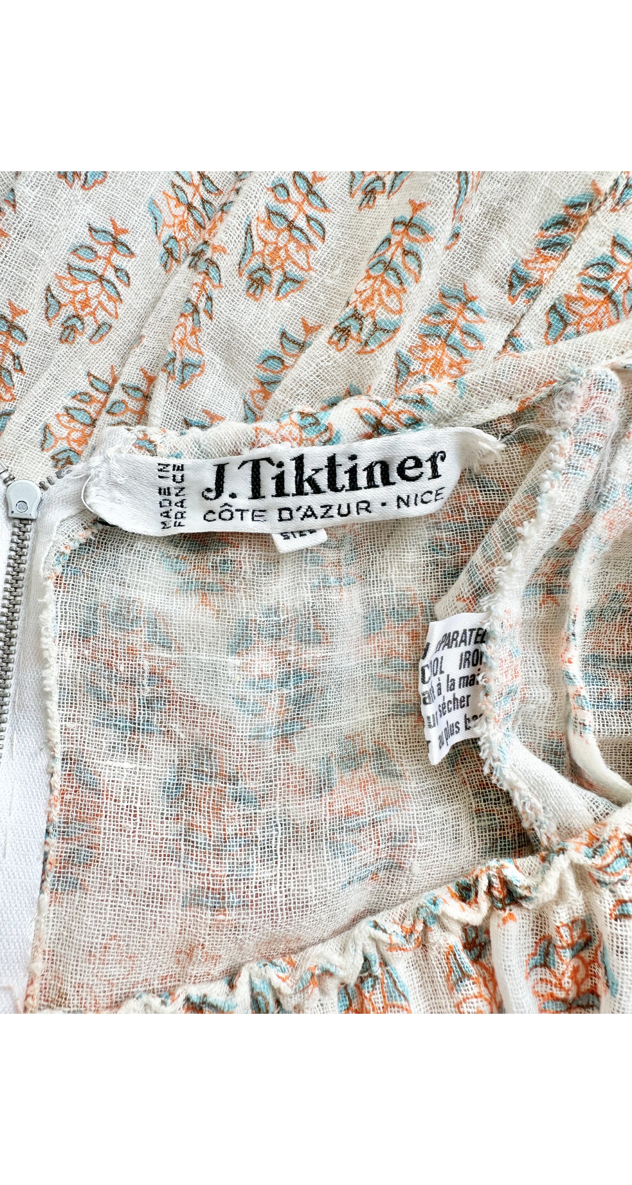 1970s Floral Block Print Cotton Gauze Maxi Dress