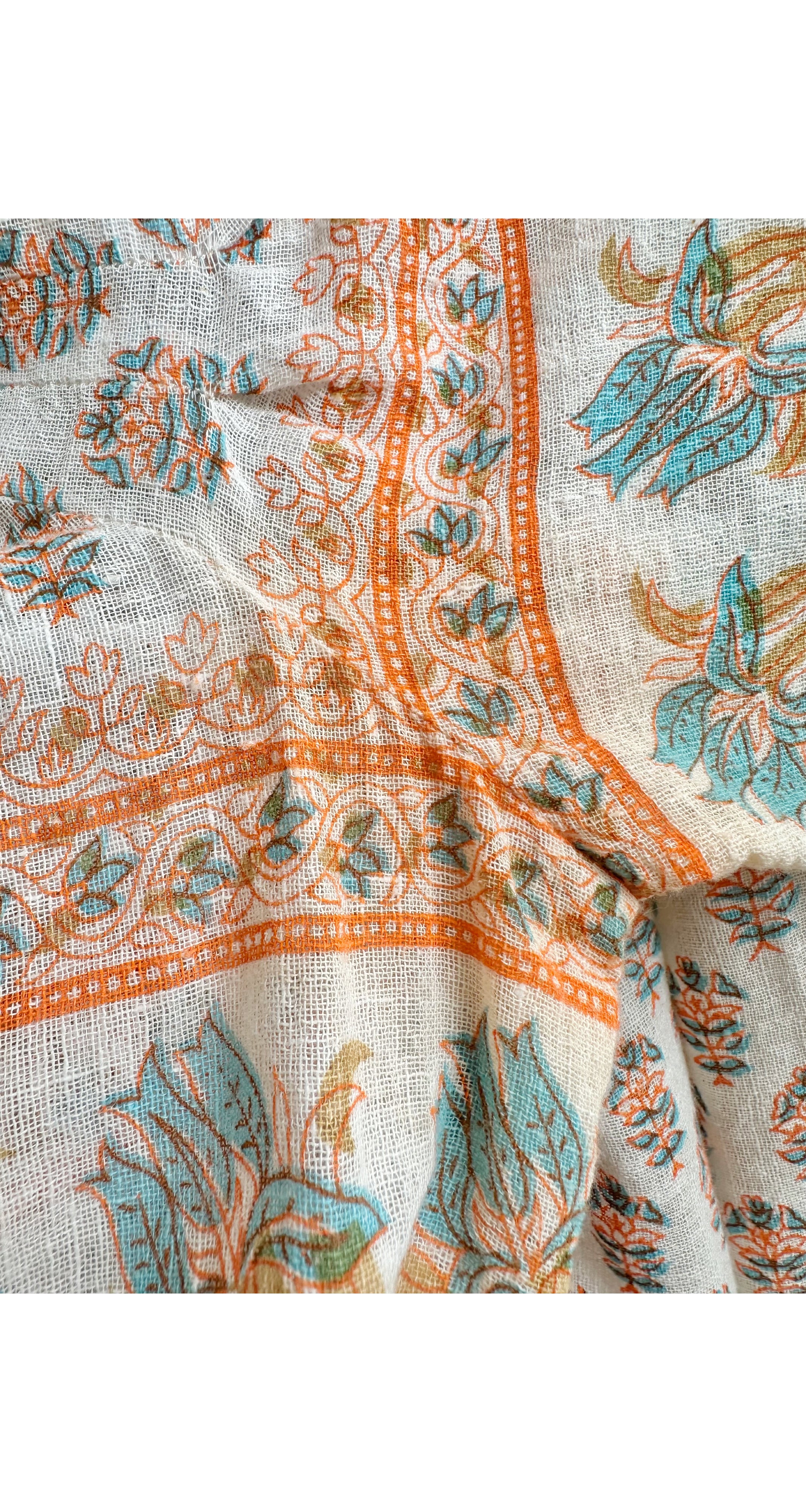 1970s Floral Block Print Cotton Gauze Maxi Dress