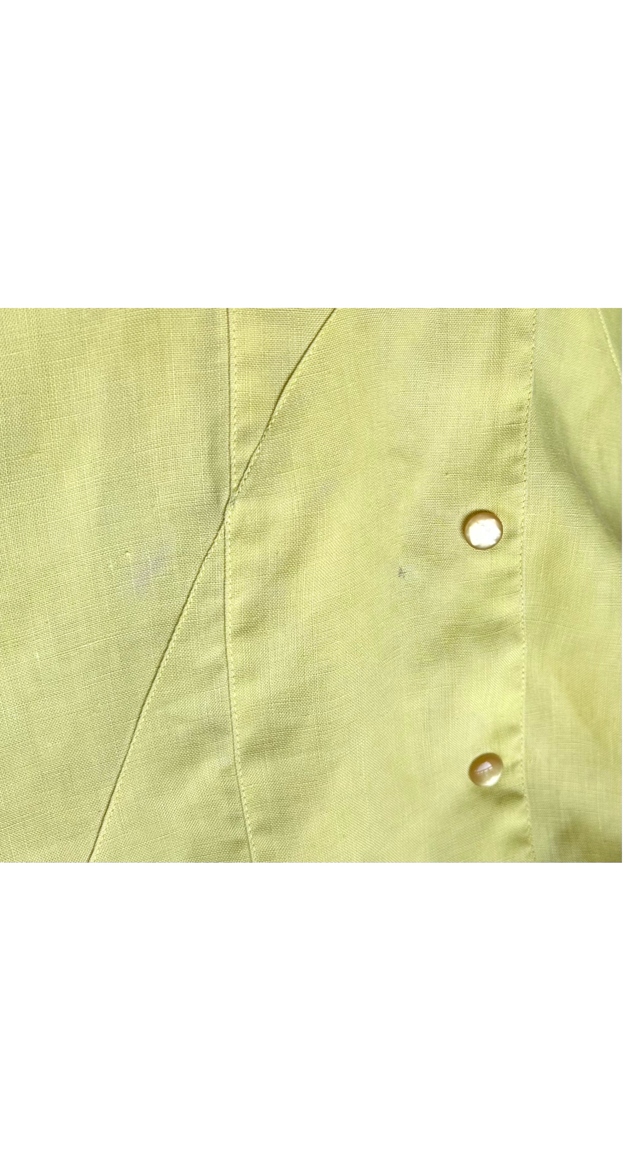 1980s Pale Chartreuse Linen Cold Shoulder Snap-Up Dress