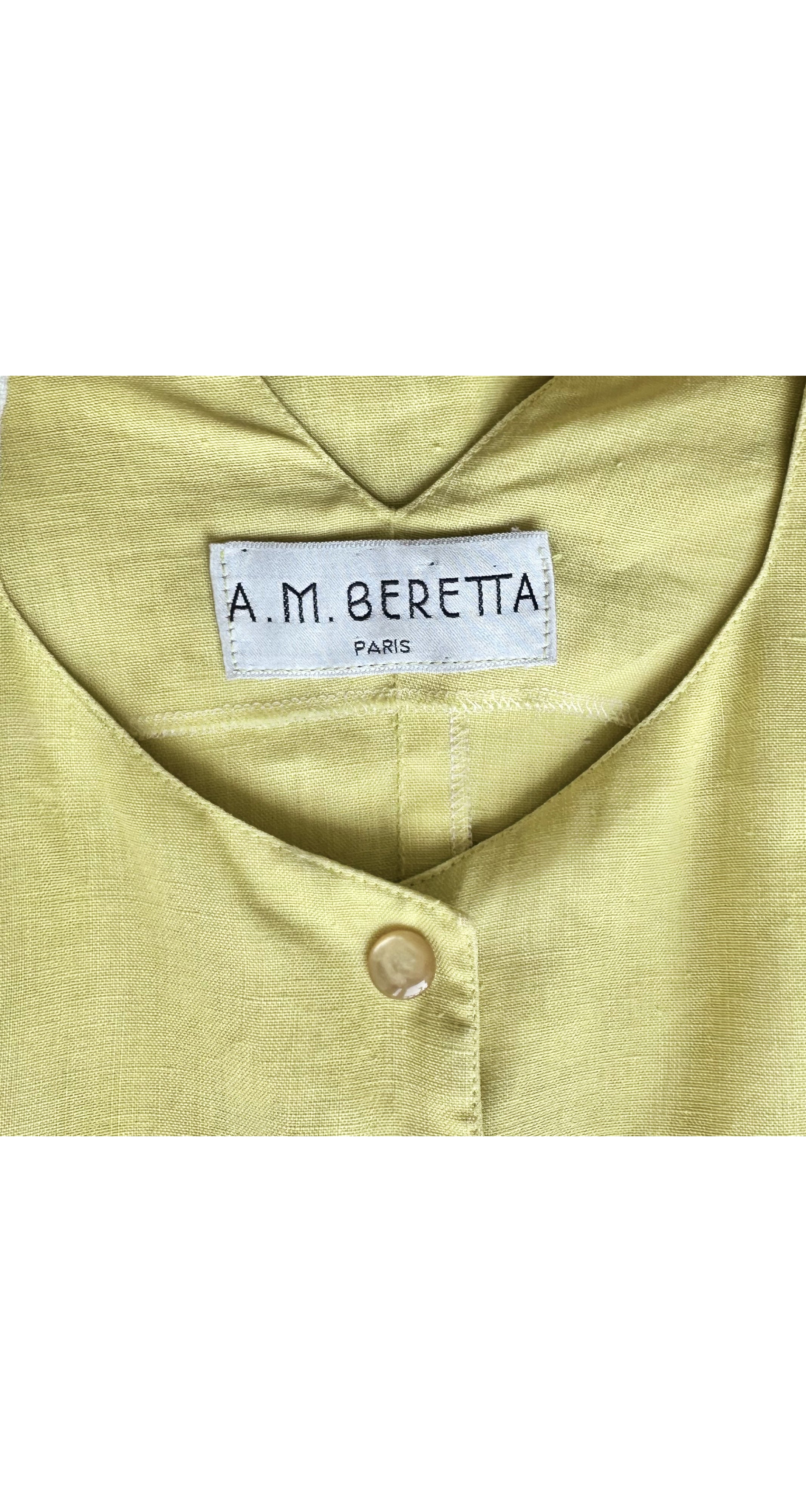 1980s Pale Chartreuse Linen Cold Shoulder Snap-Up Dress