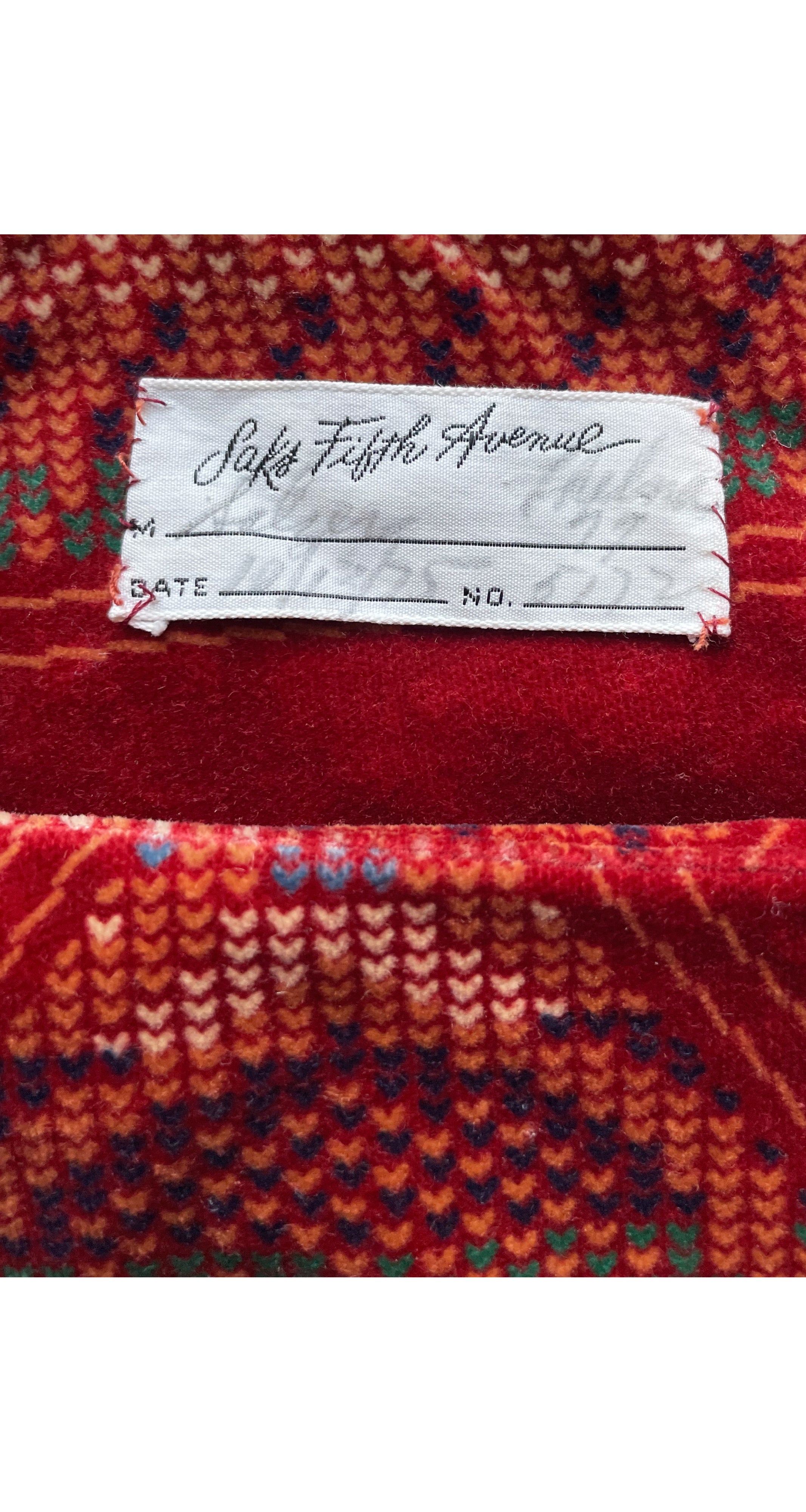 1975 Geometric Print Red Cotton Velvet Dress