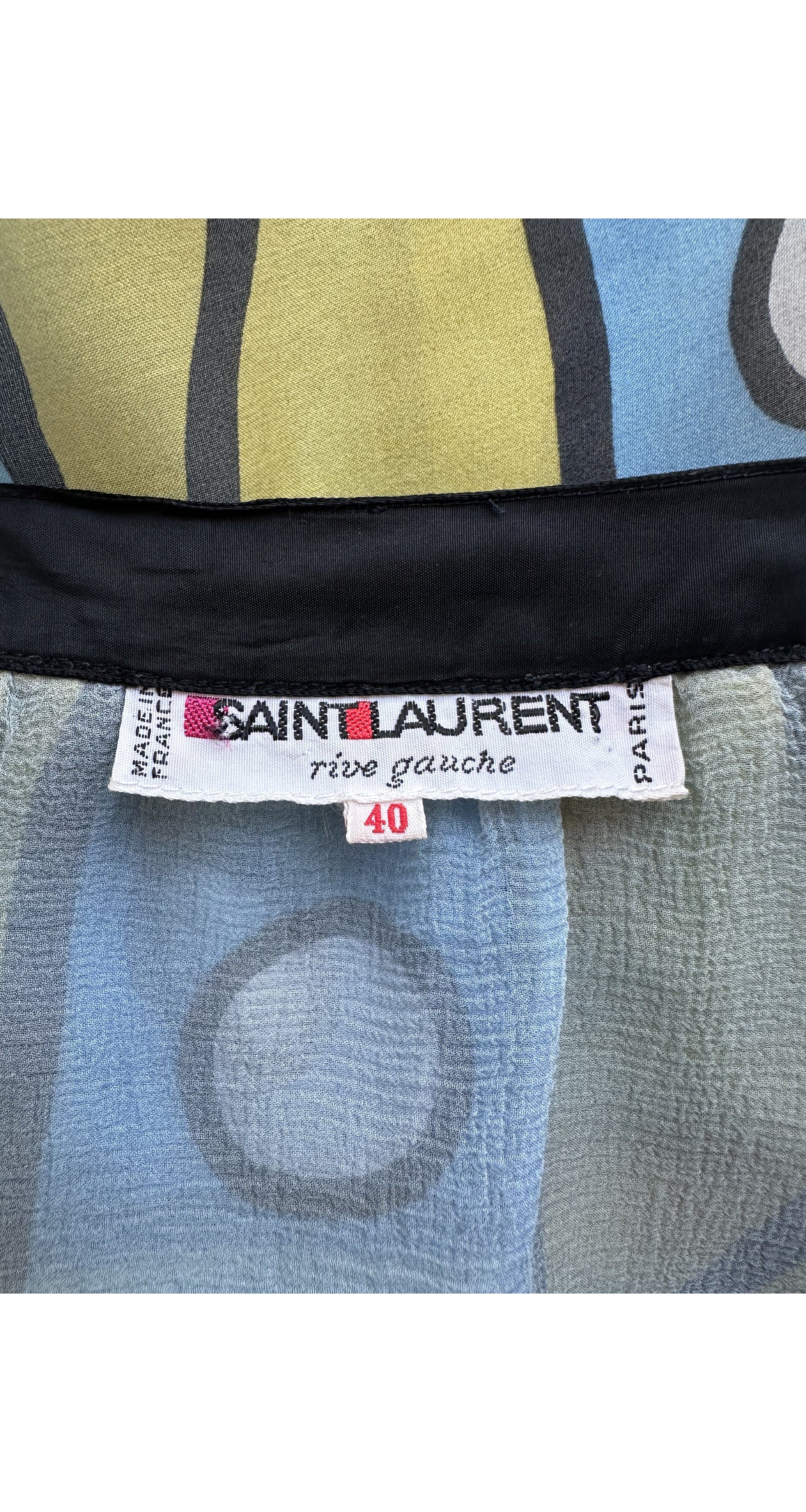 1980 S/S Printed Blue & Yellow Silk Organza Ruffle Top