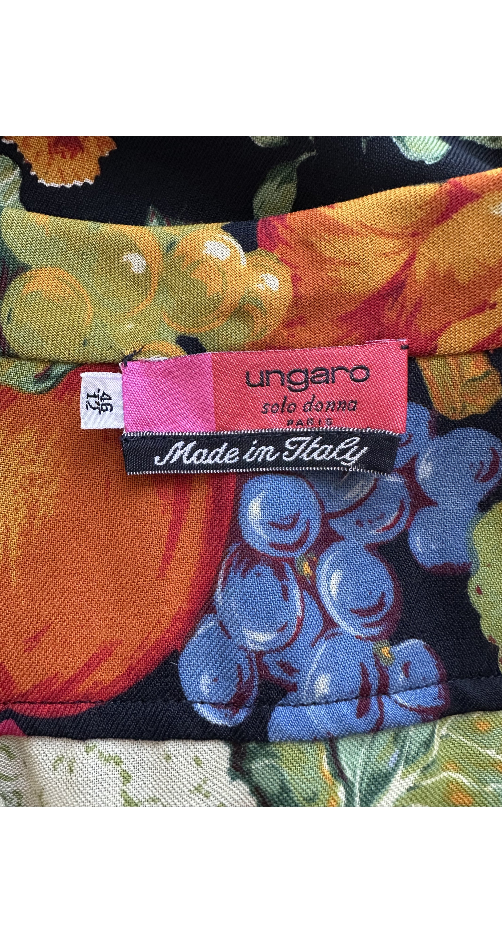 1990s Vegetable Print Black Wool Challis Collared Blouse