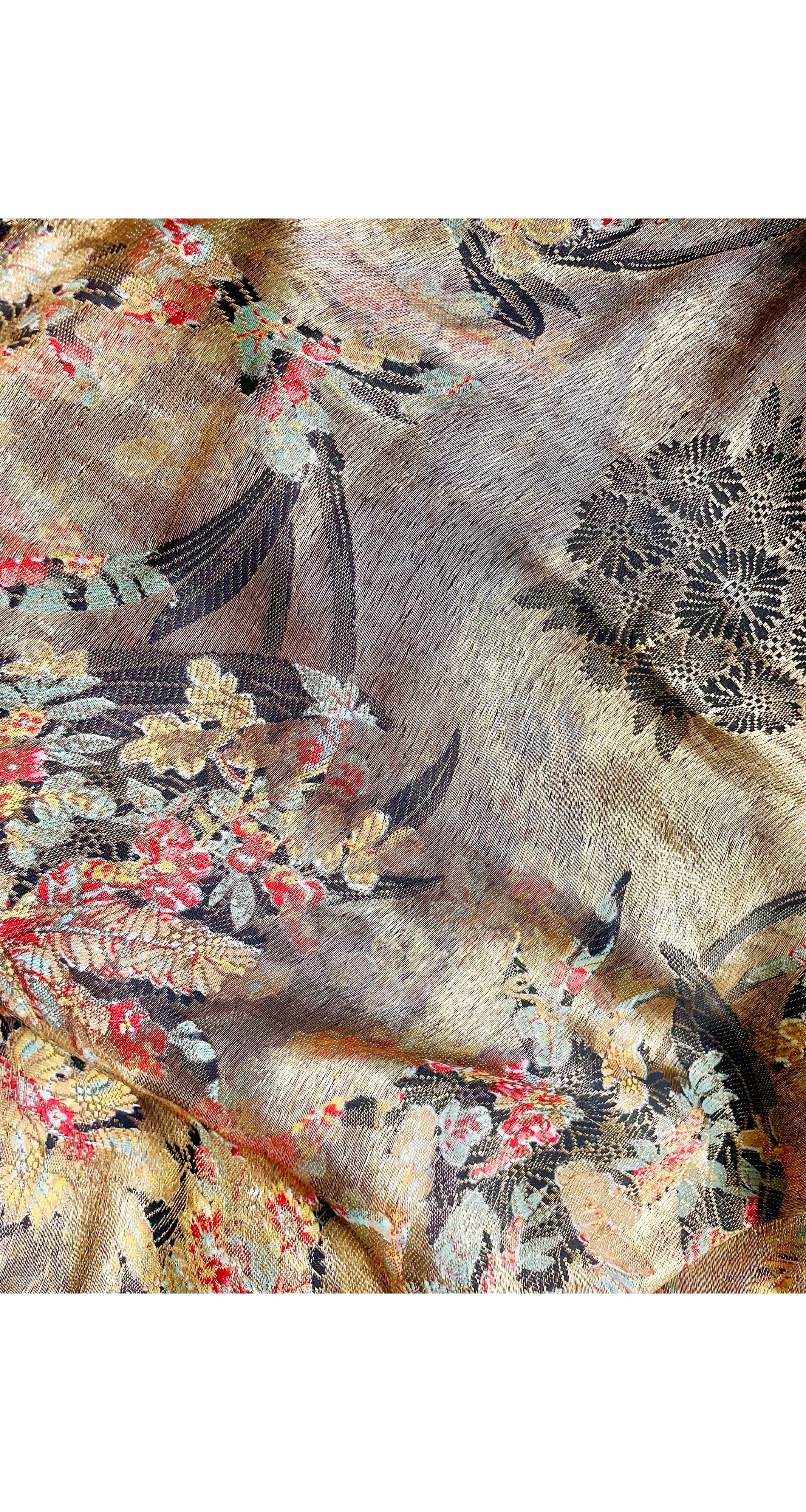 1920s Gold Metal Lamé Floral Black Silk Fringe Shawl