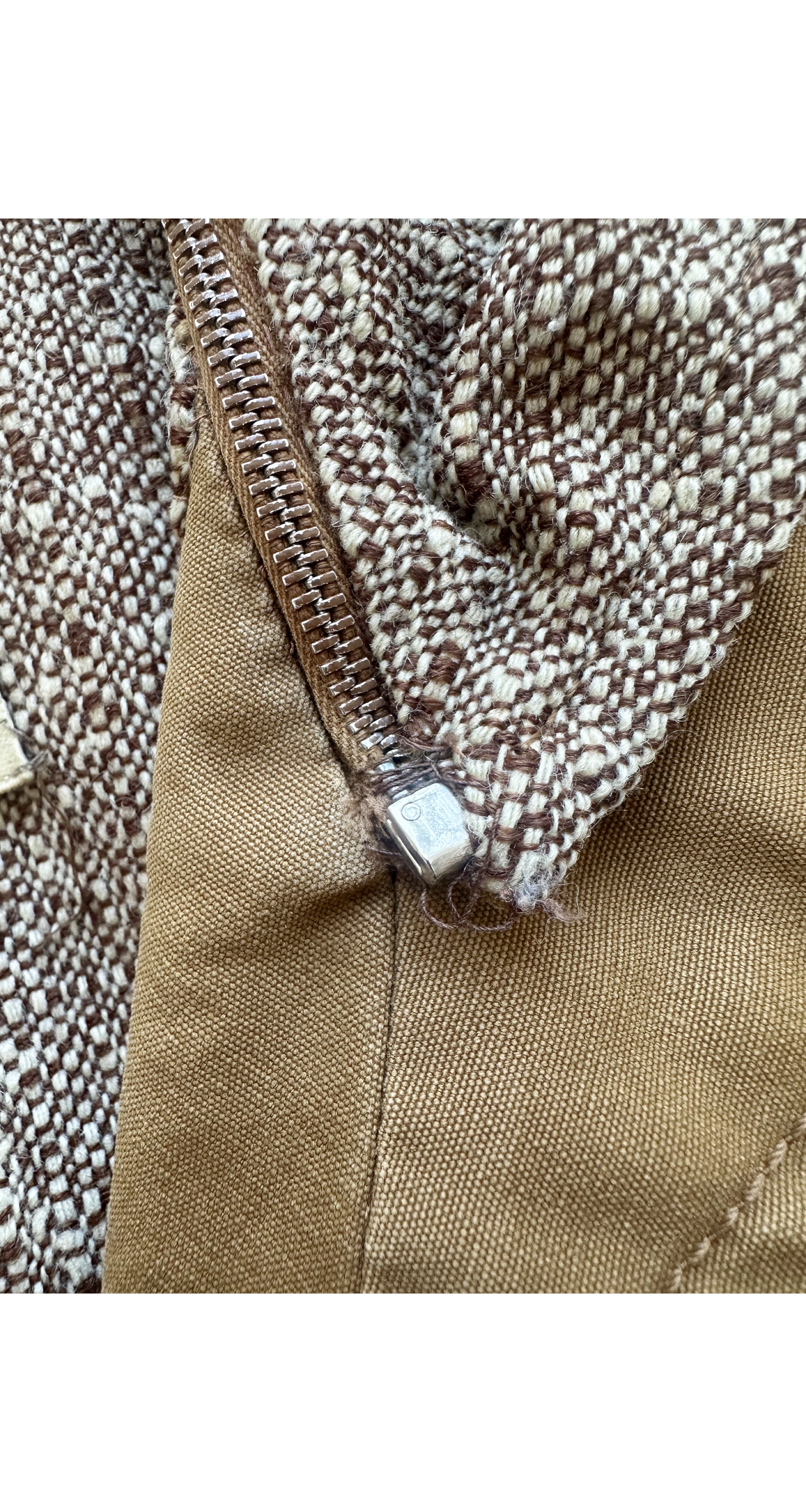 1960s/1970s Brown Cotton Canvas & Tweed Hooded Coat