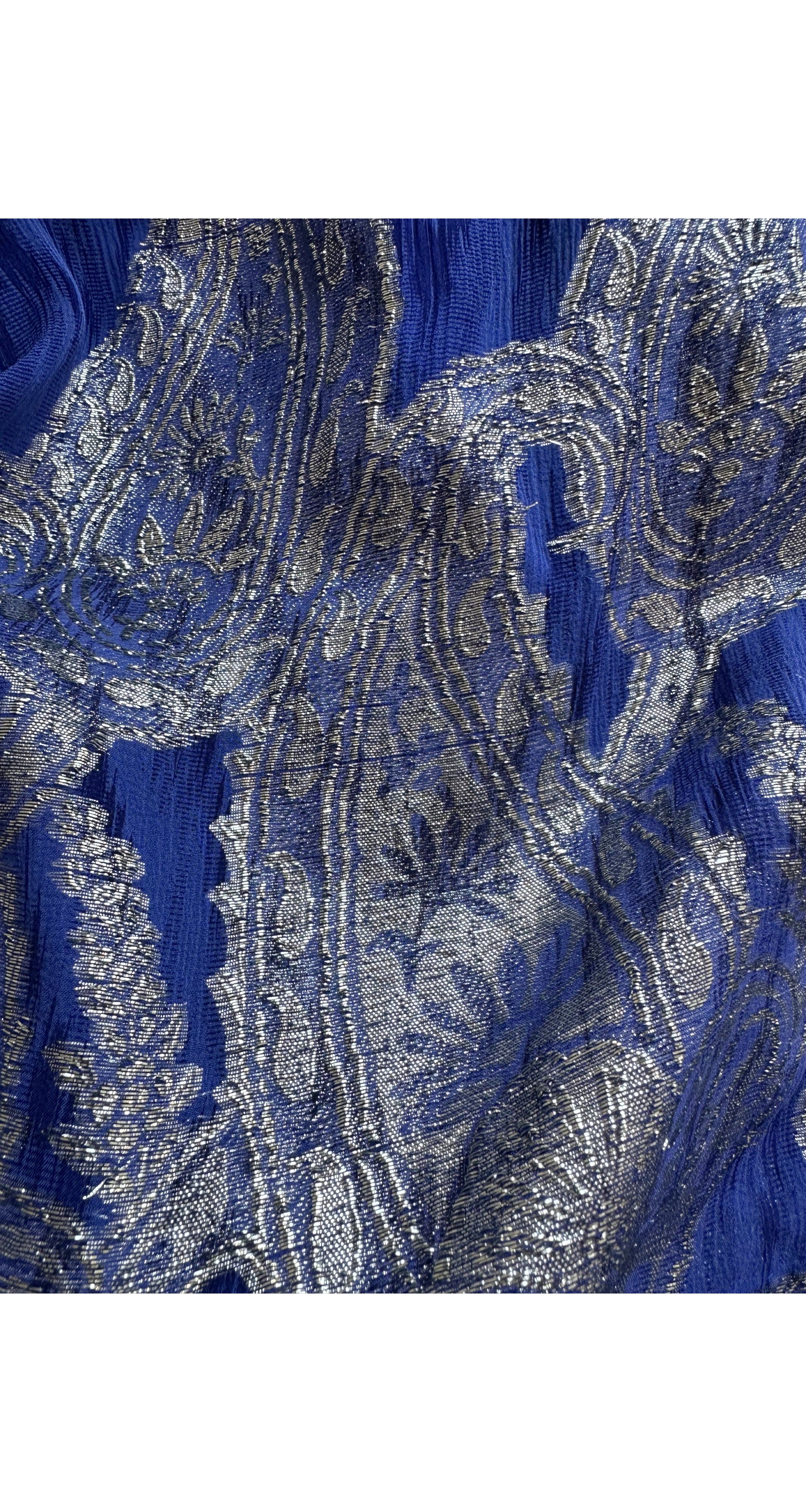 1970s Paisley Lurex Indigo Silk Chiffon Gown