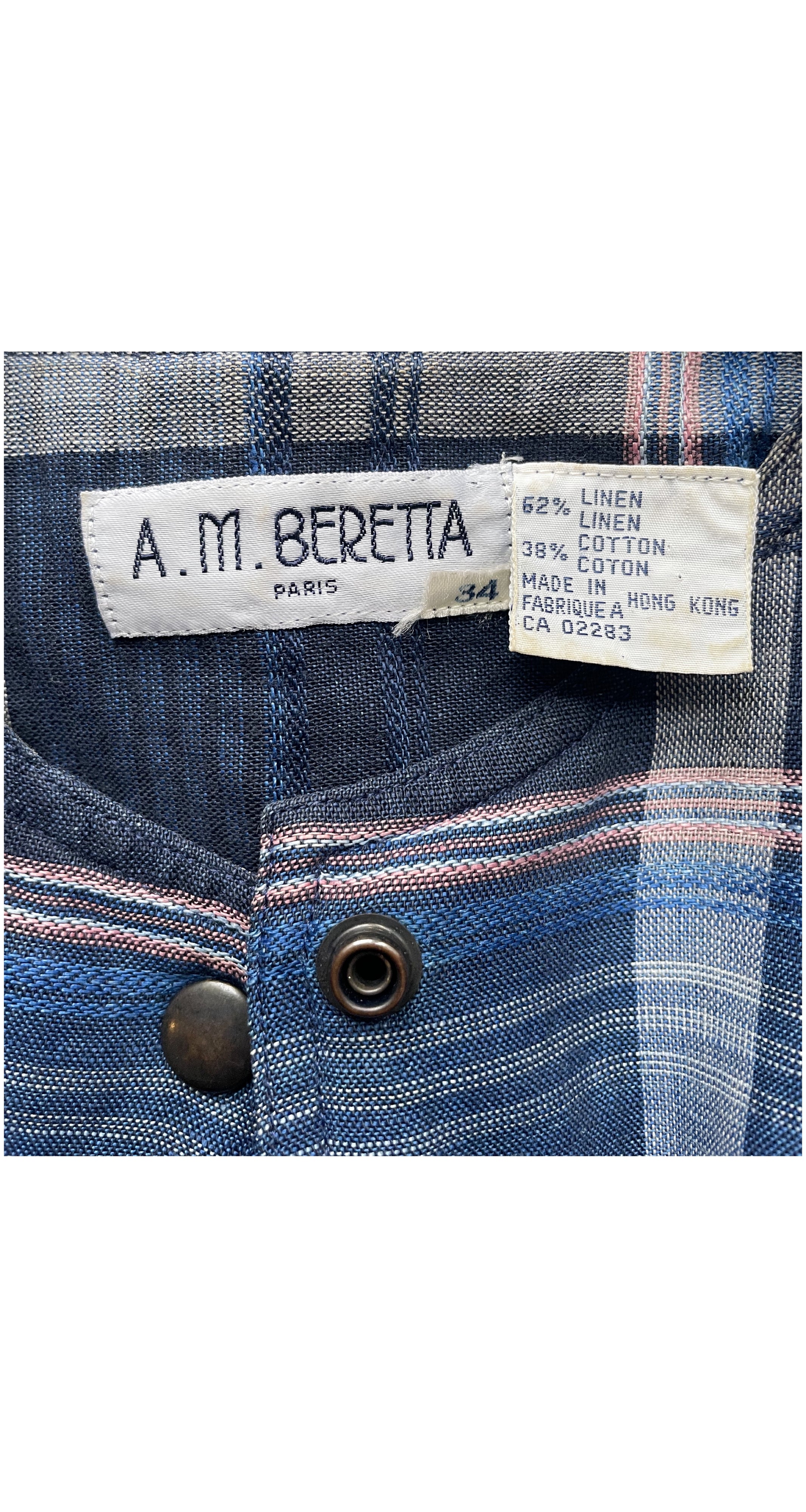 1980s Blue Plaid Linen Short Sleeve Top