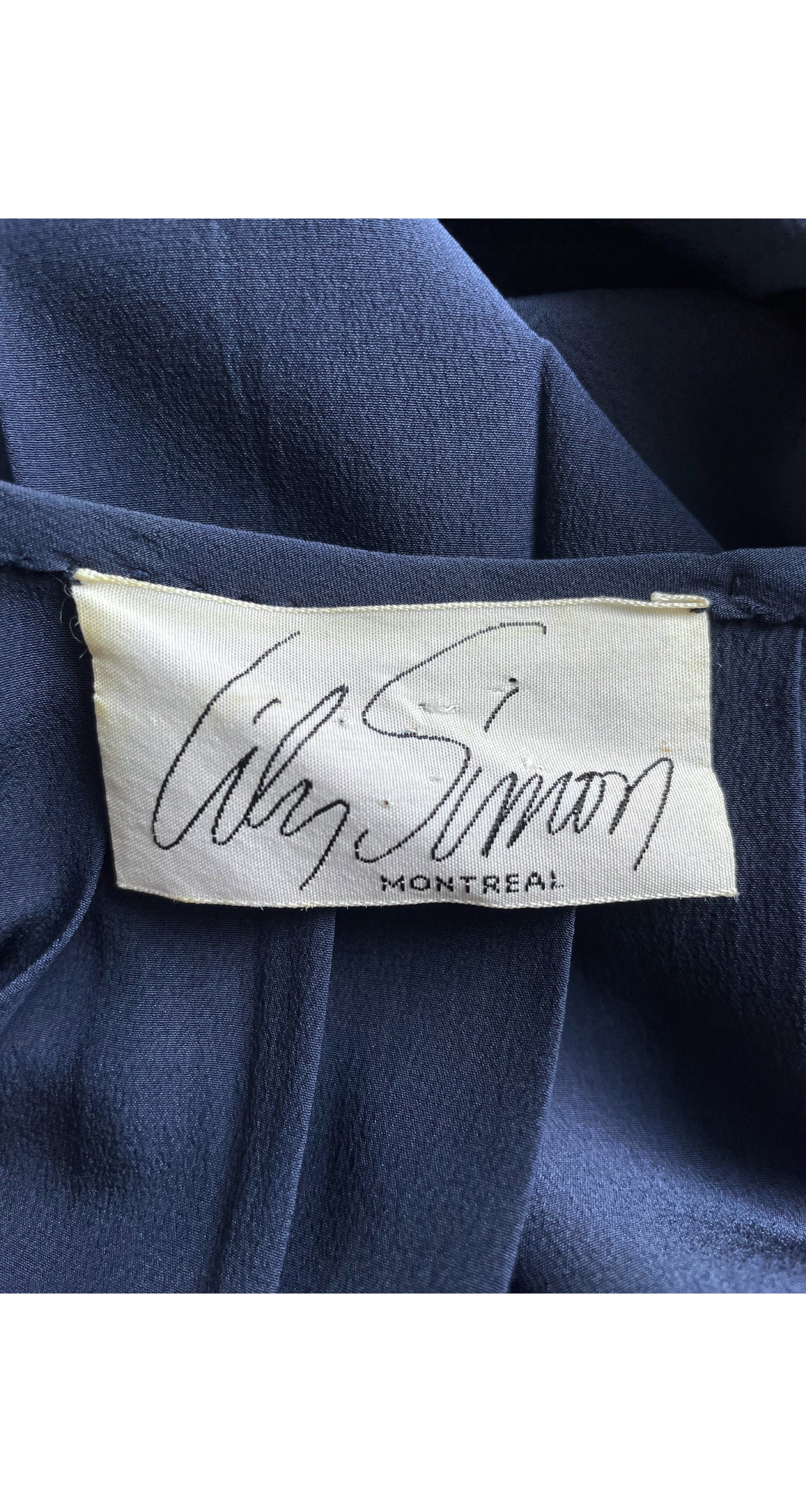 1970s Navy Blue Silk Pleated Balloon Sleeve Dress