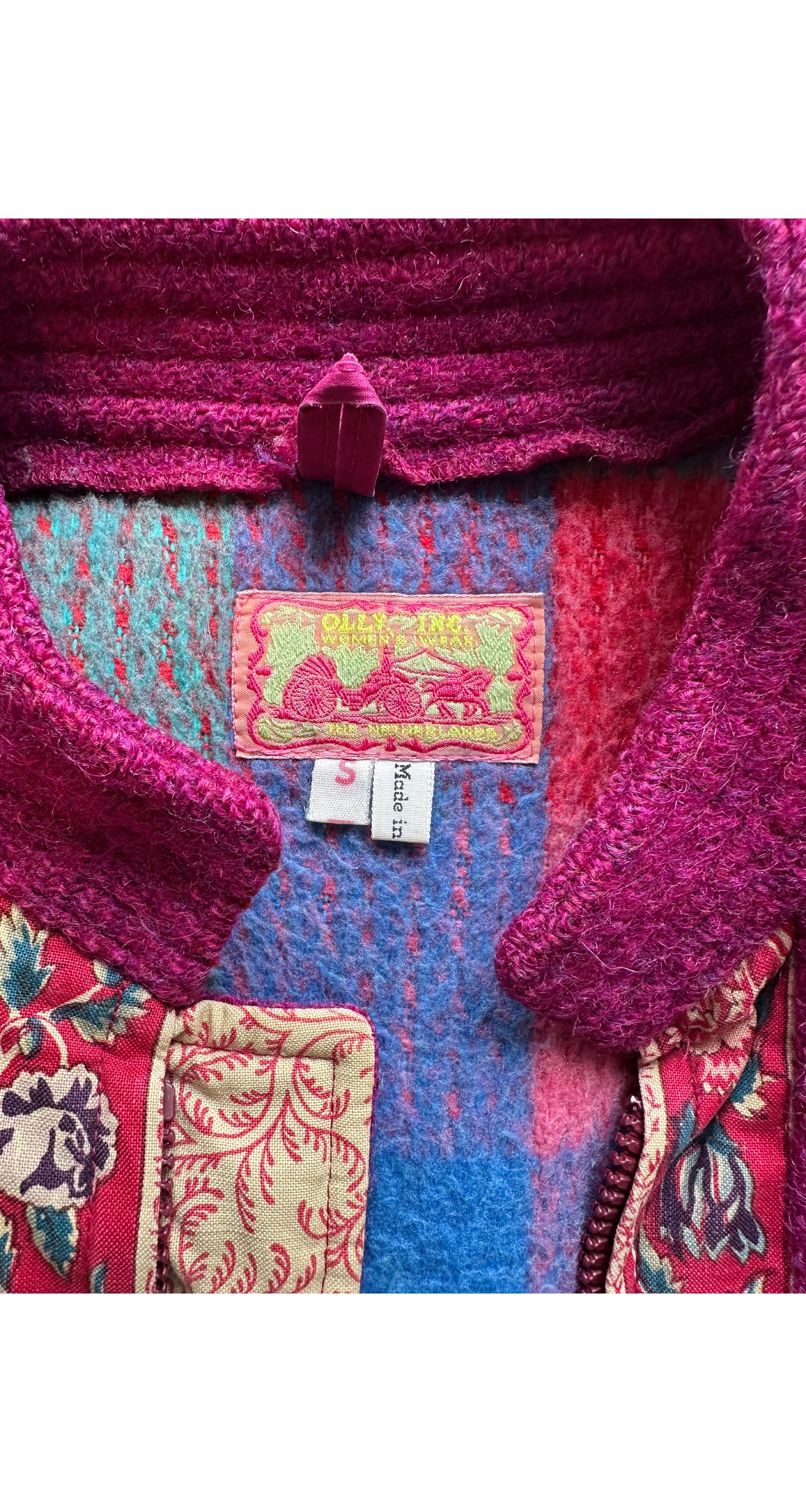 1980s Floral Patchwork Magenta Wool Tie Coat