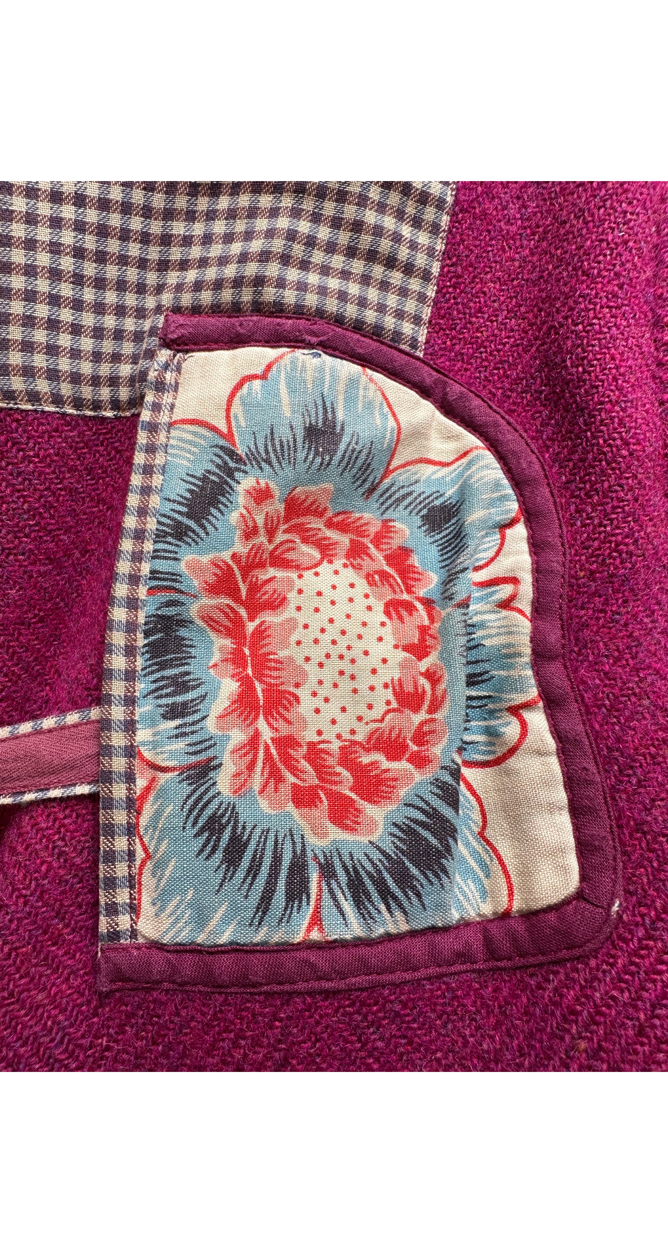 1980s Floral Patchwork Magenta Wool Tie Coat