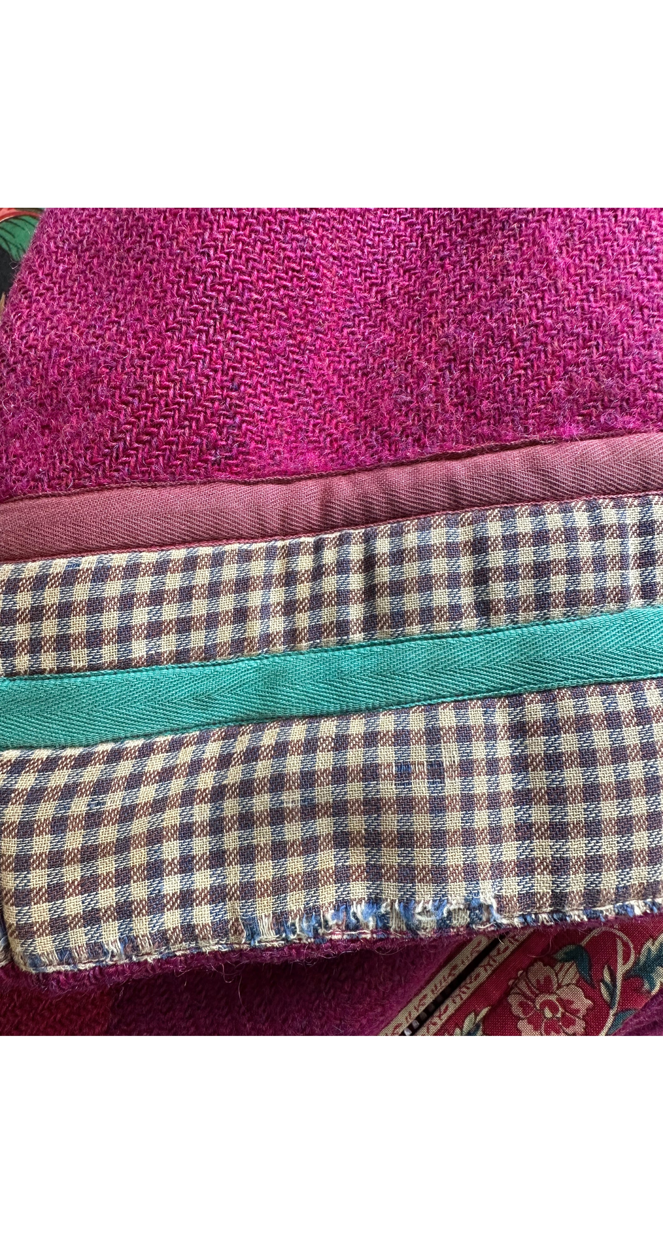 1980s Floral Patchwork Magenta Wool Tie Coat