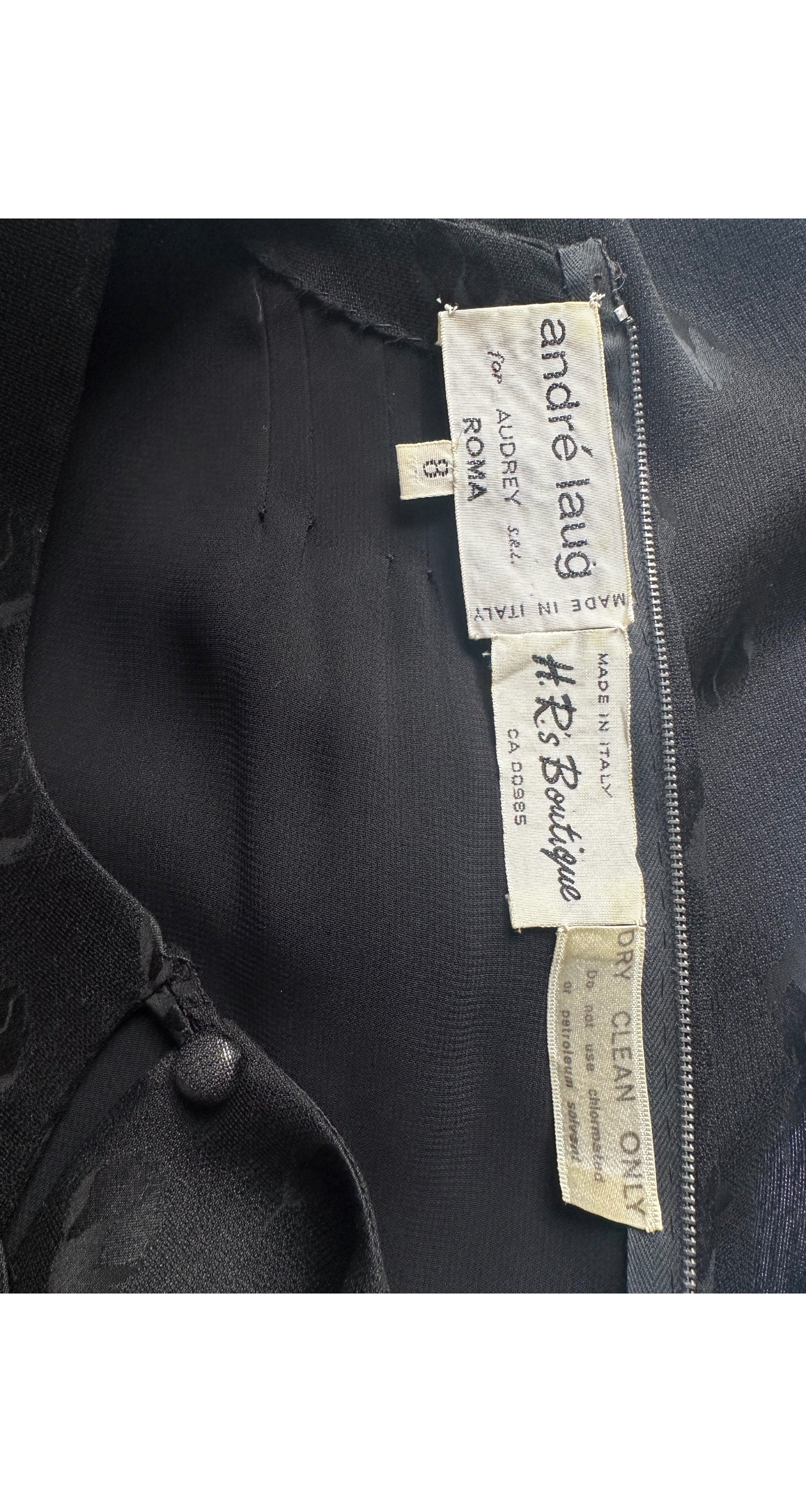 1970s Black Floral Silk Jacquard Flutter Sleeve Top