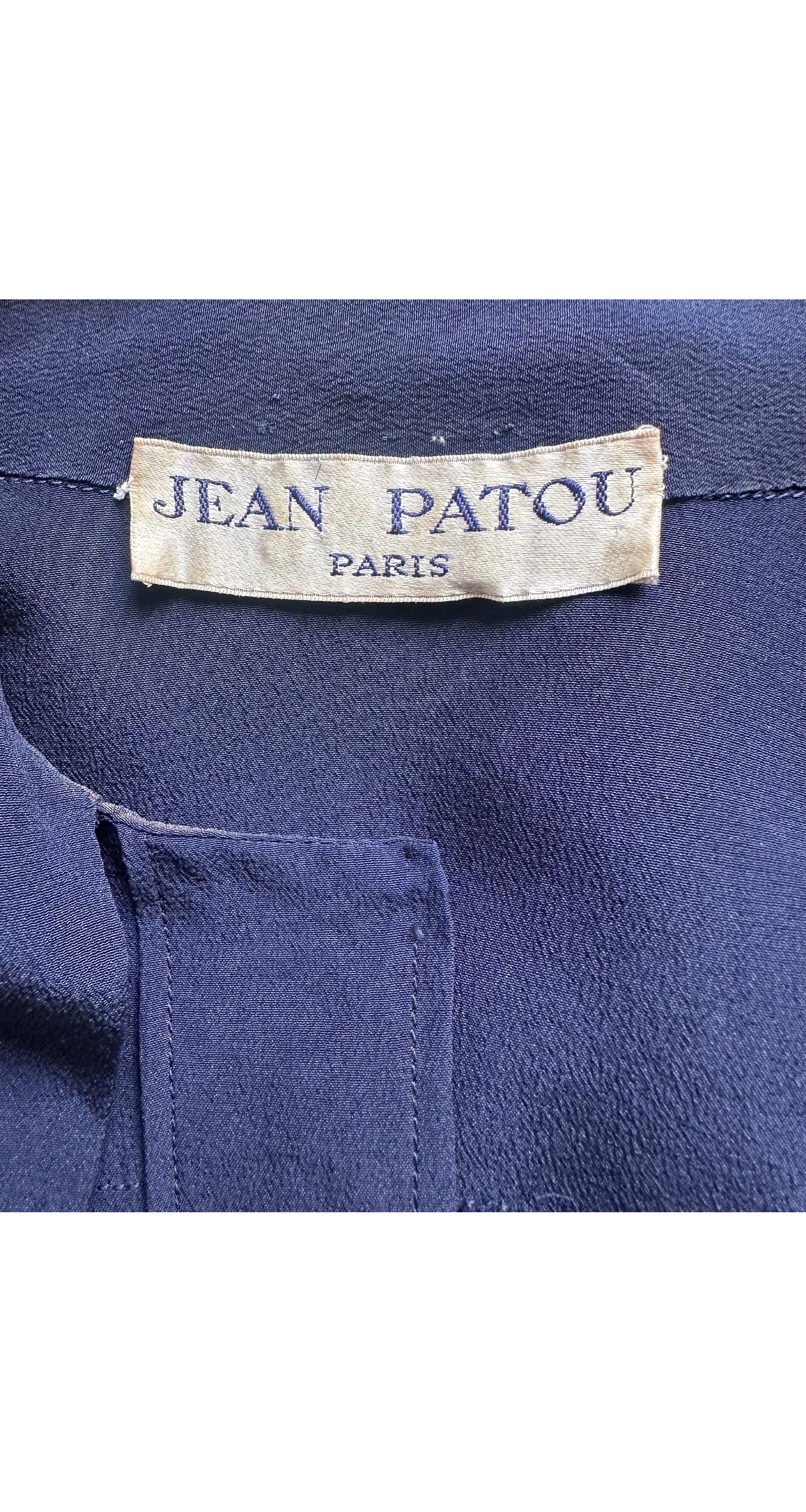 1970s Monogram Logo Navy Silk Tie-Neck Short-Sleeve Blouse