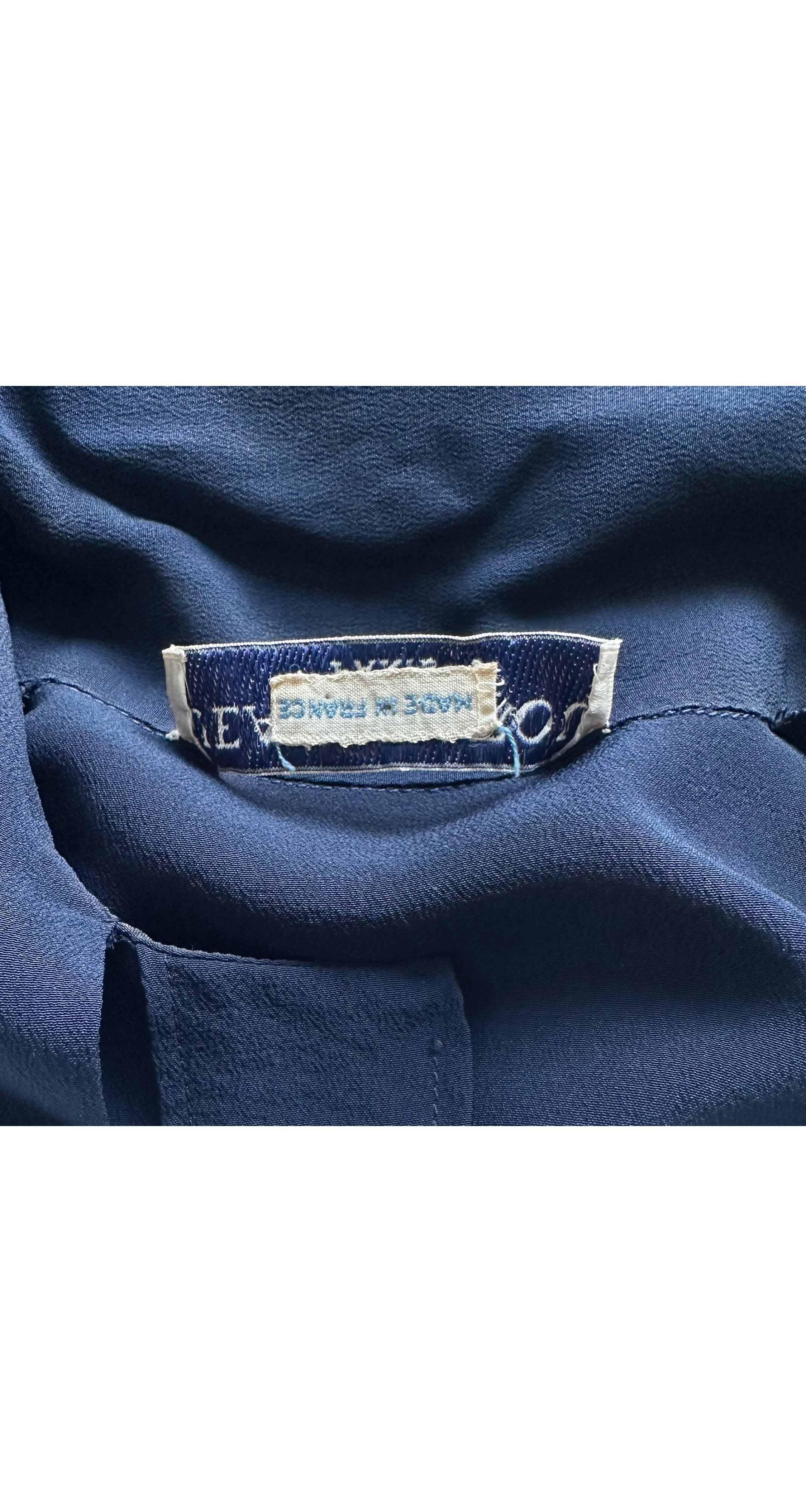 1970s Monogram Logo Navy Silk Tie-Neck Short-Sleeve Blouse