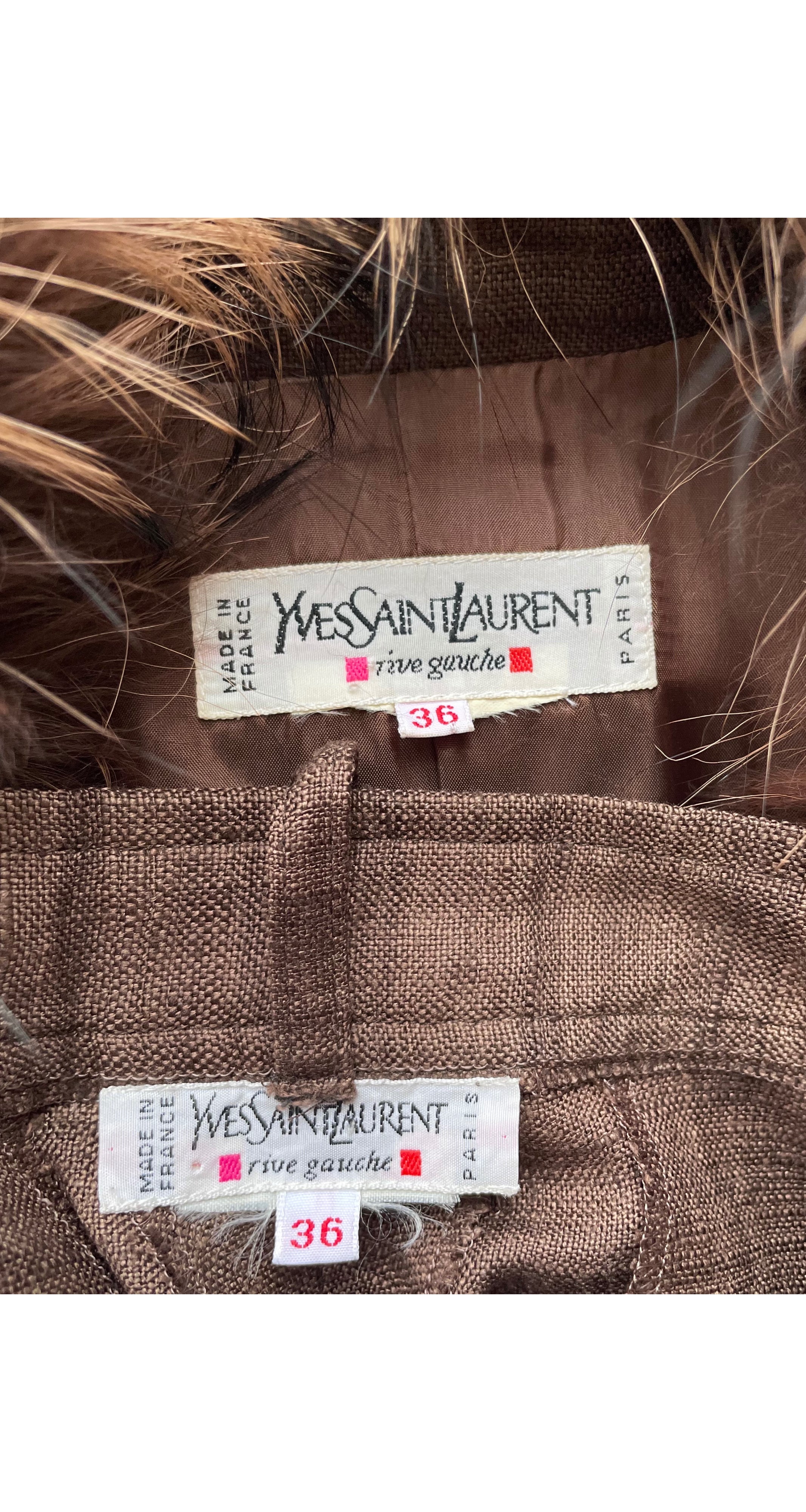 1990s Silk & Linen Brown Fur Collared Pant Suit