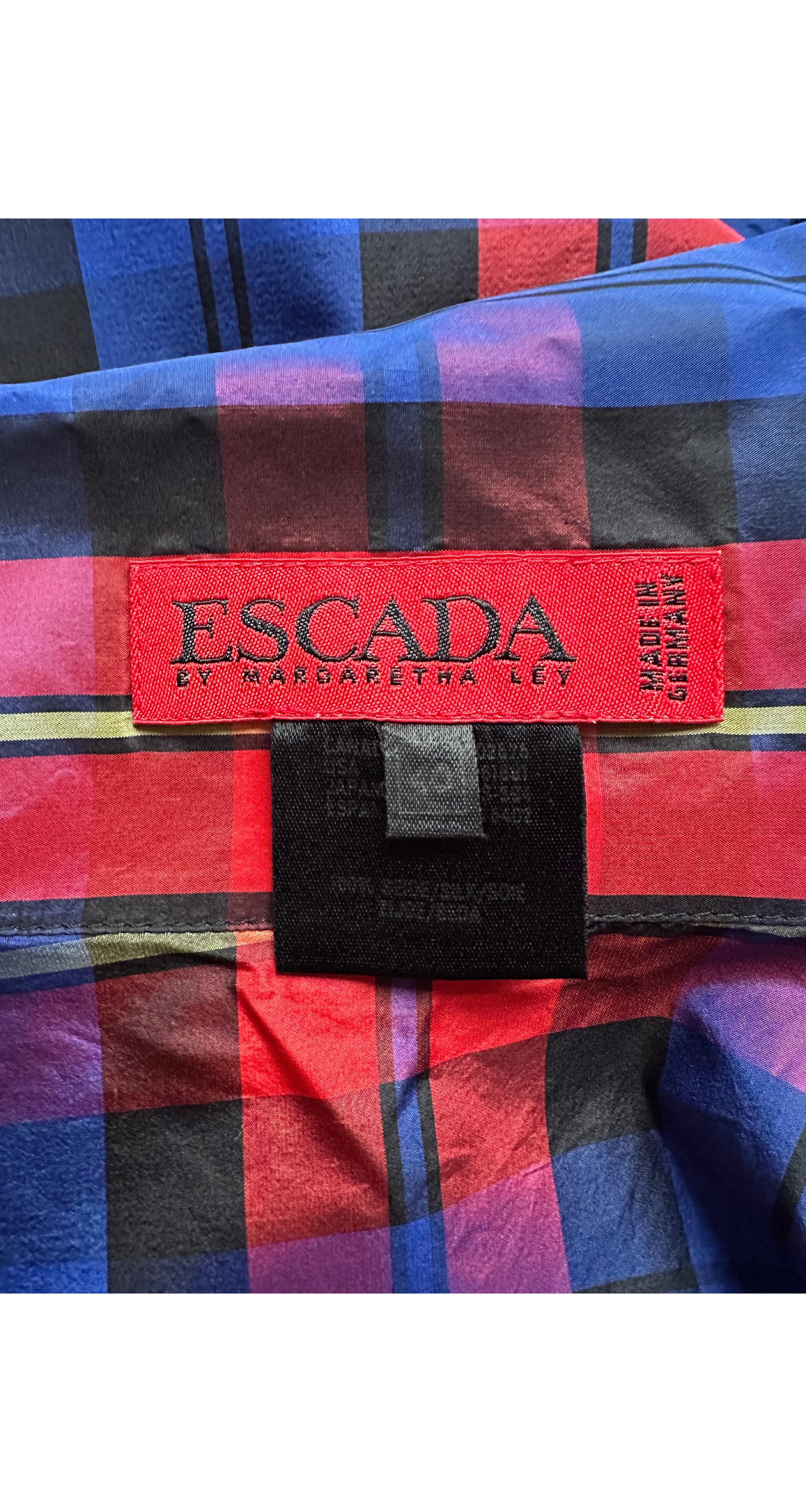 1992 F/W Blue & Red Plaid Silk Taffeta Tie-Neck Blouse