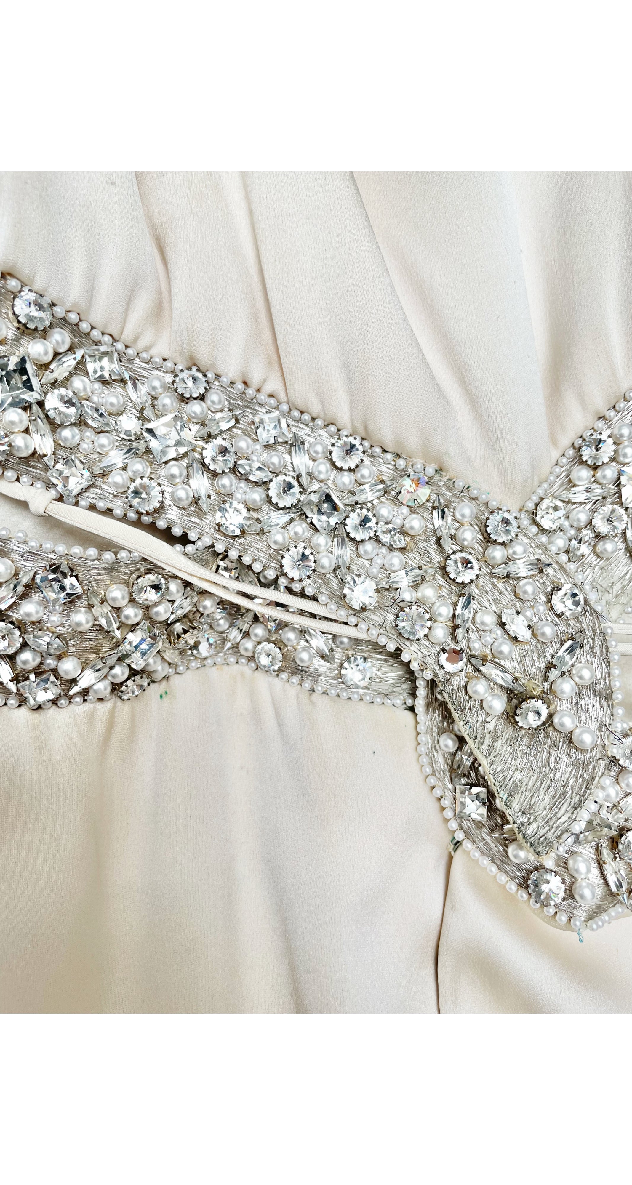 1967 Beaded Cut-Out Ivory Silk Evening Gown