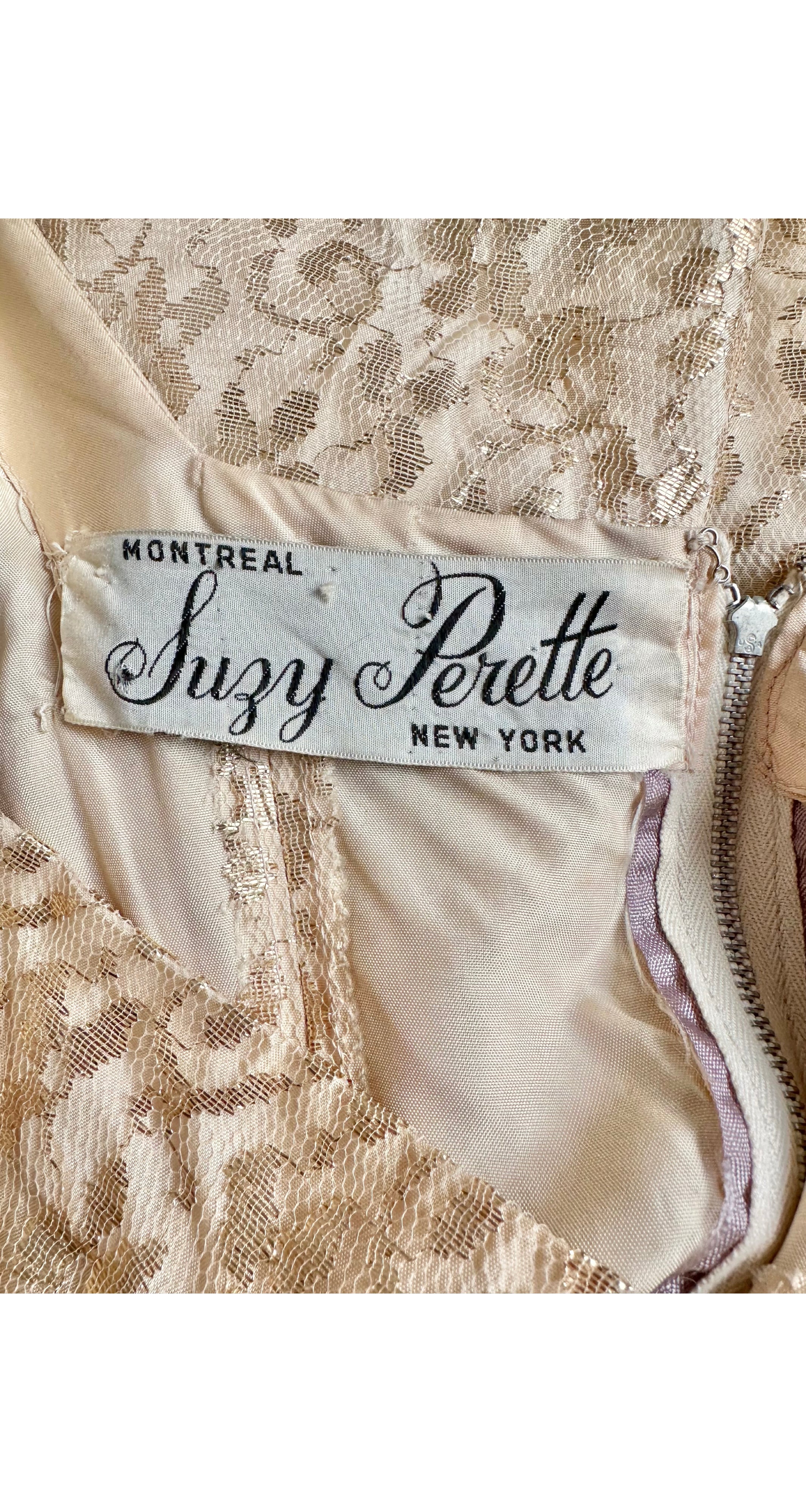 1950s Floral Gold Lace Puff Sleeve Cocktail Dress