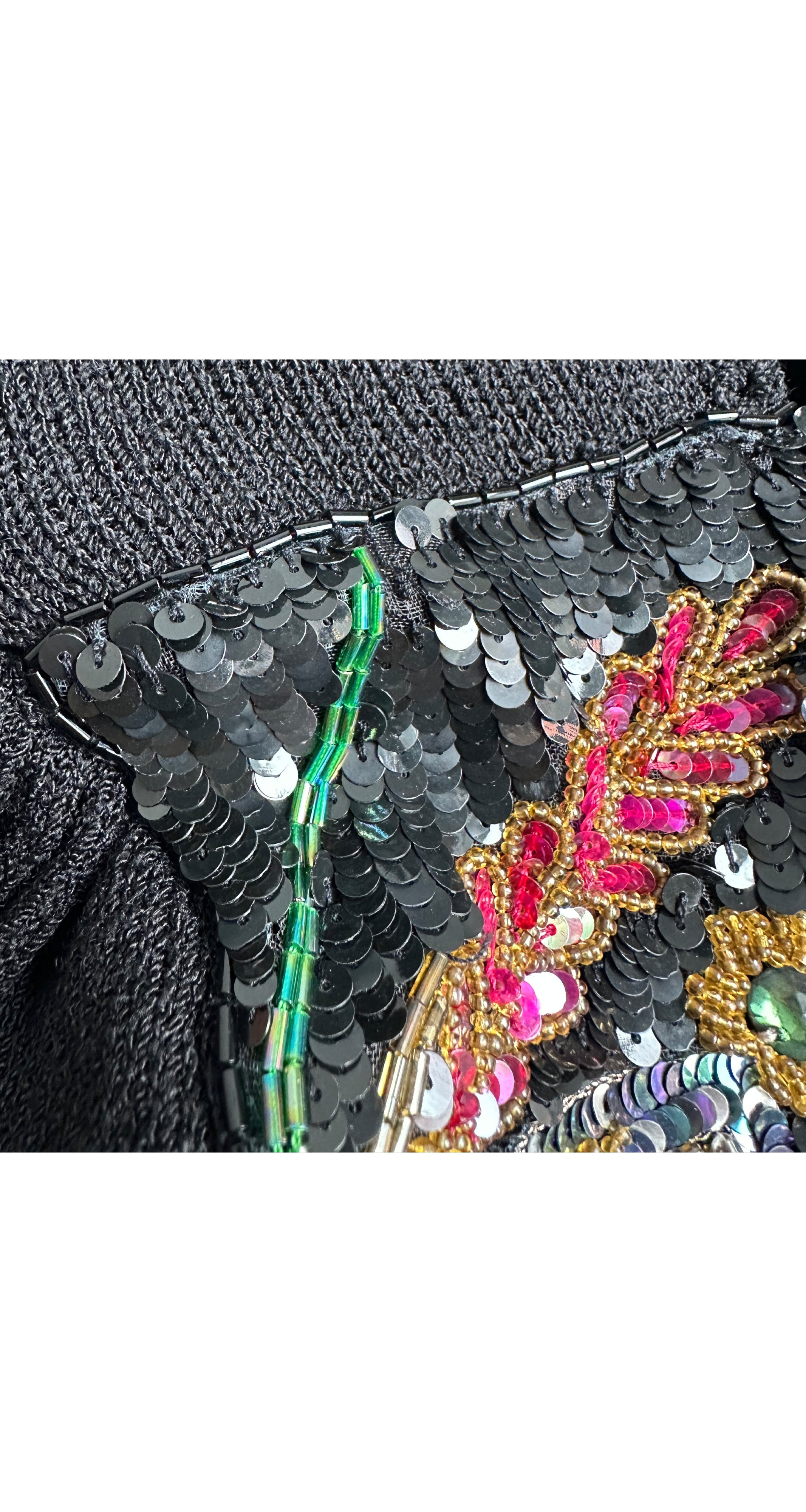 1980s Floral Embellished Black Knit Evening Dress