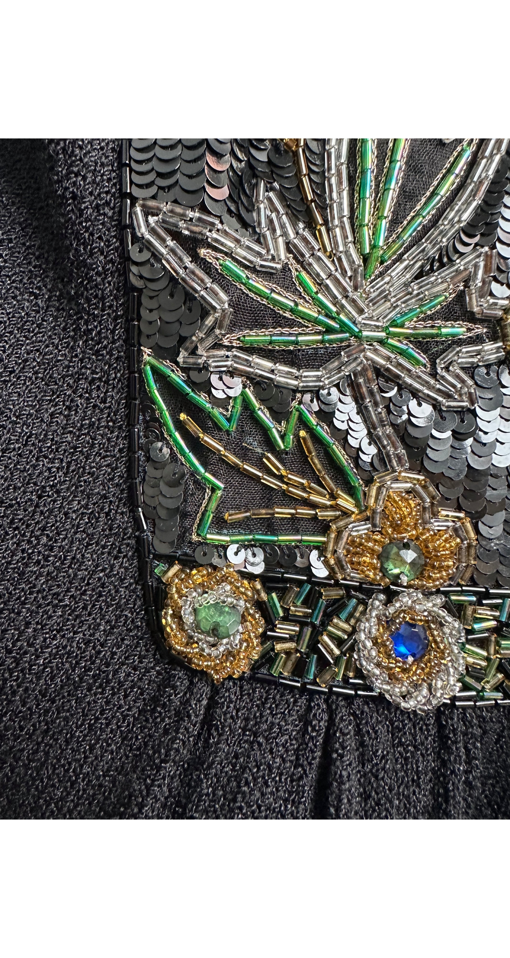 1980s Floral Embellished Black Knit Evening Dress