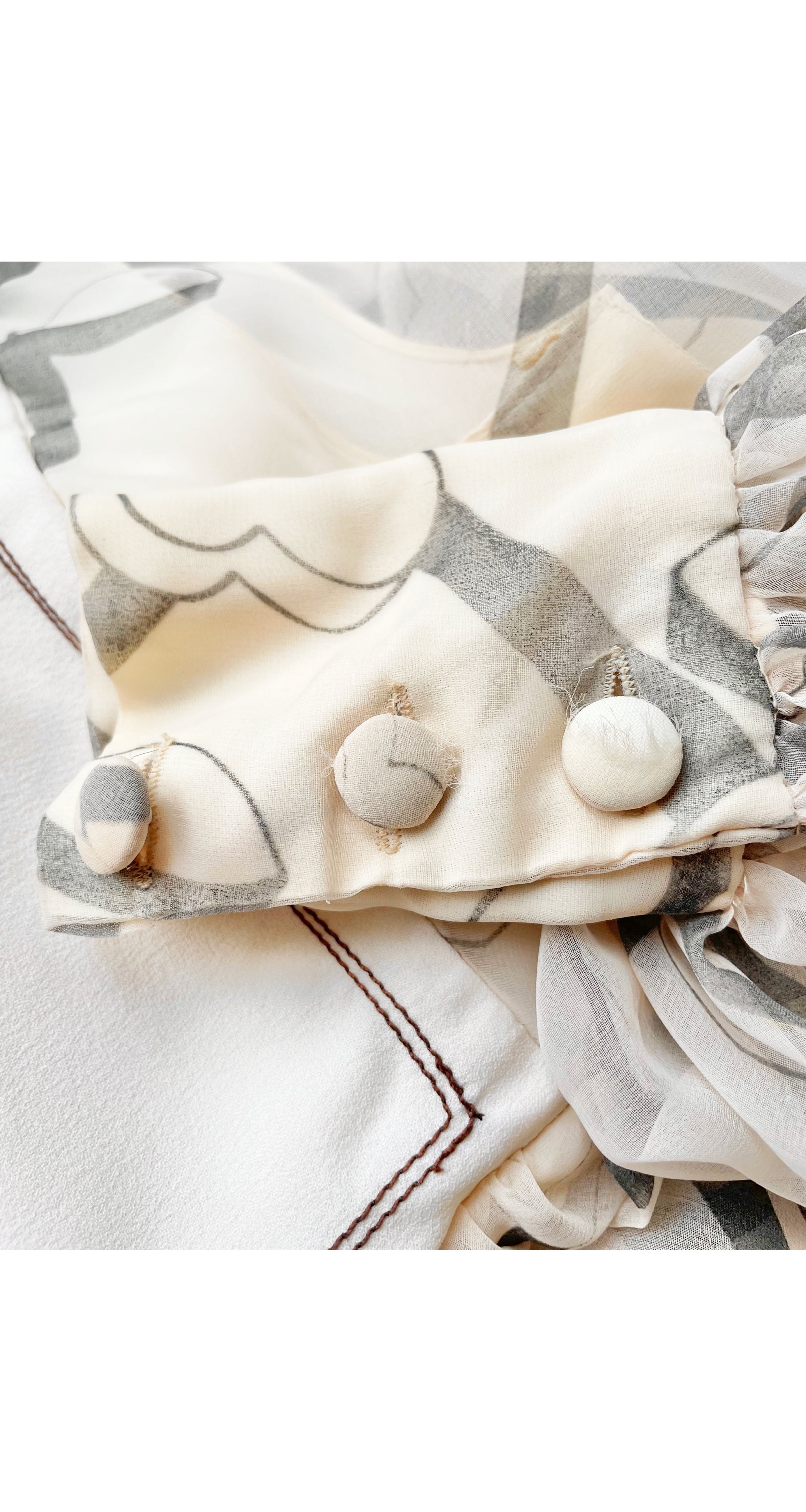 1972 Art Deco Print Cream Chiffon Balloon Sleeve Gown