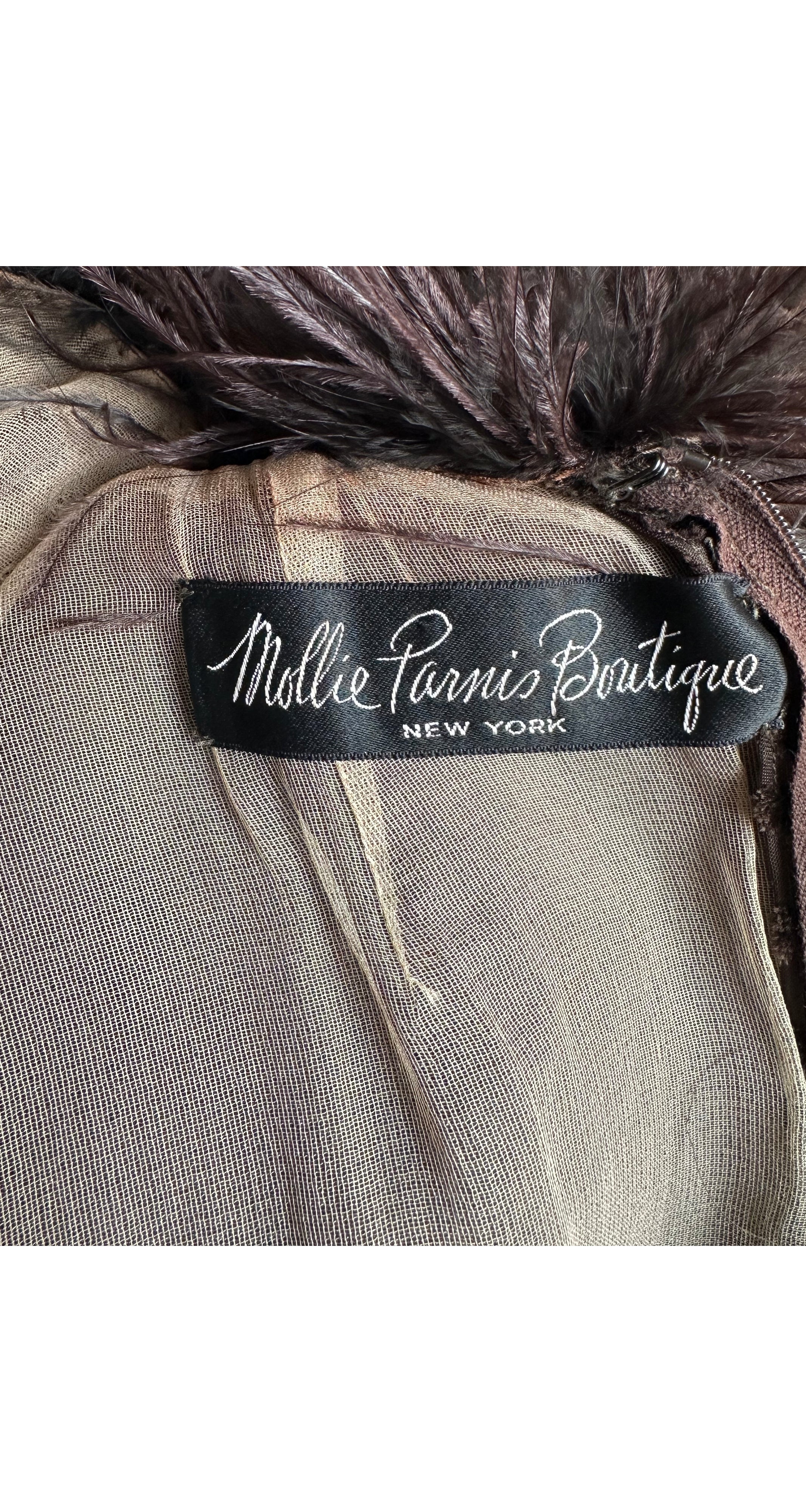 1970s Brown Polka Dot Devoré Feather Trim Gown