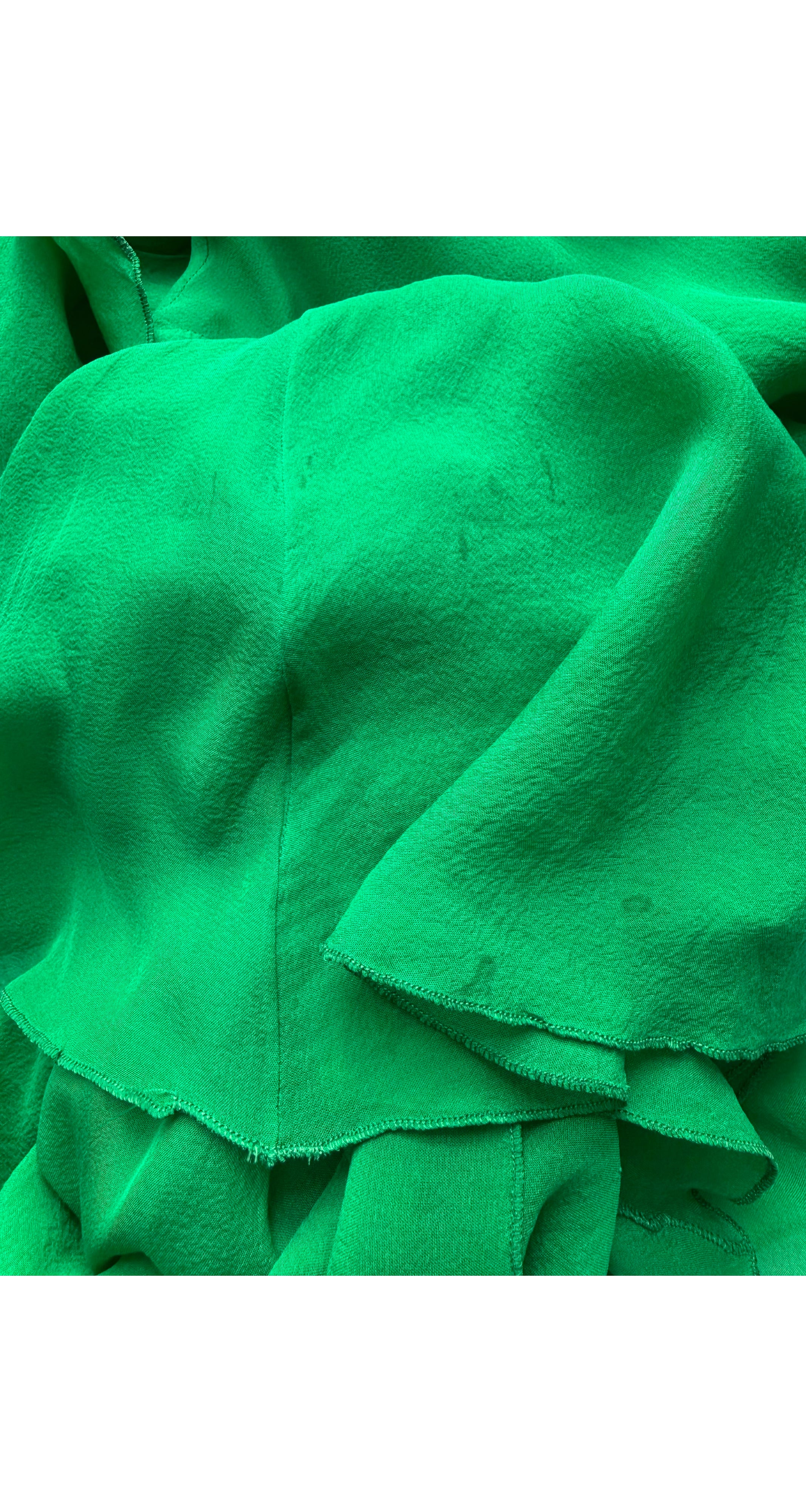 2000s Emerald Green Silk Chiffon Tiered Bow Sleeve Blouse