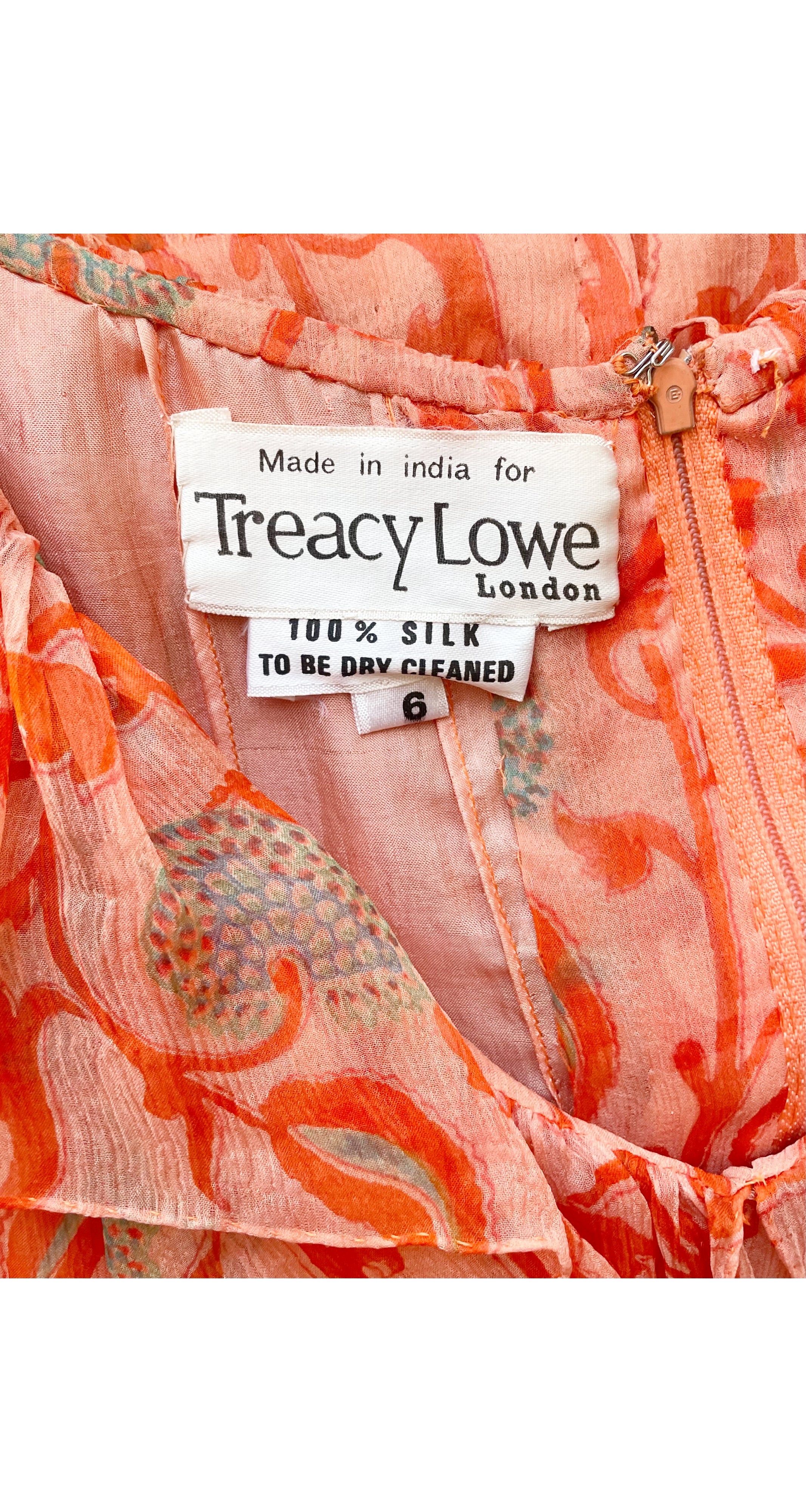 1970s Orange Floral Print Silk Chiffon Ruffle Collar Dress