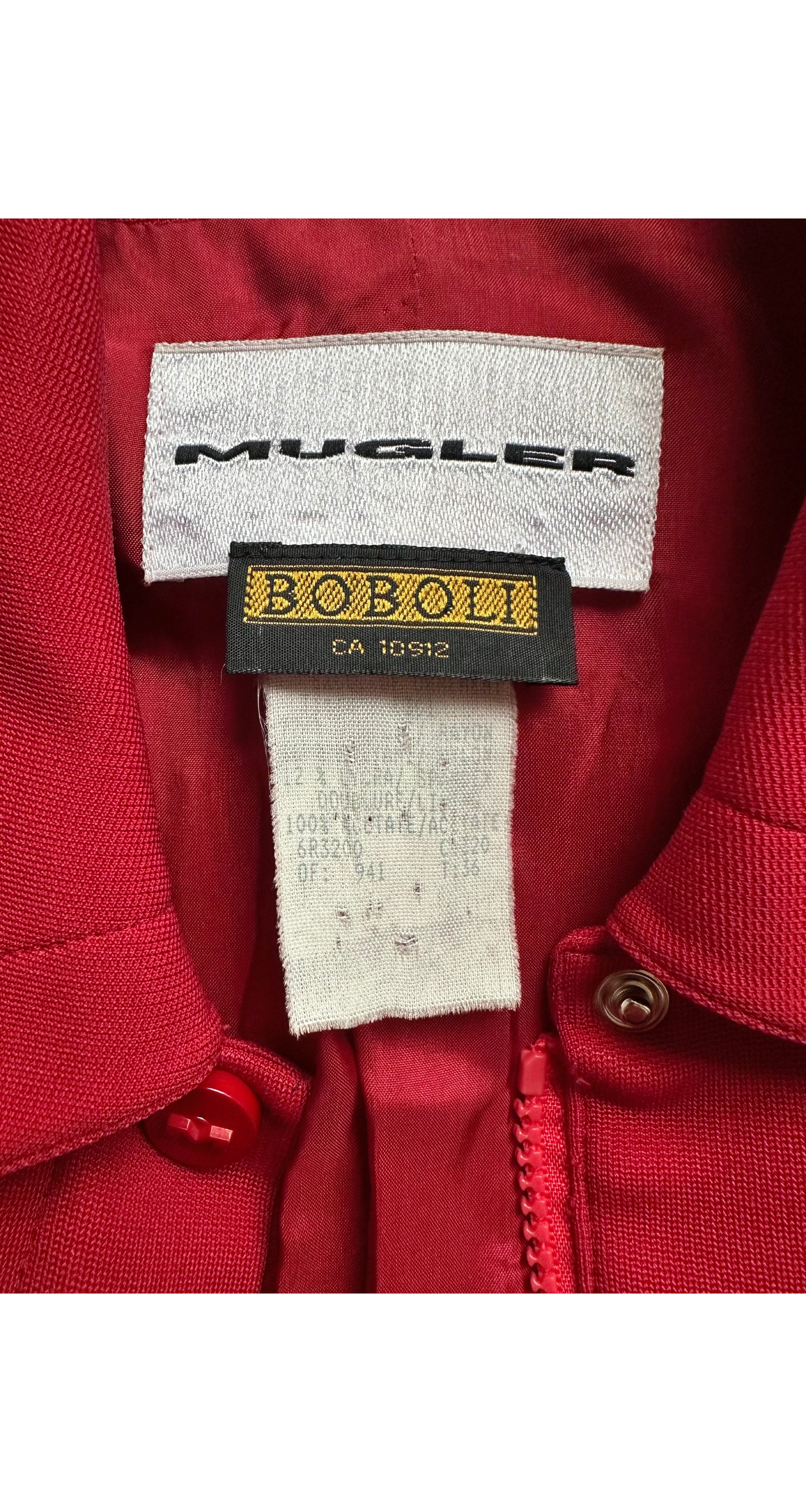 1990s Red Rayon "Mugler"-Buckle Belted Jacket