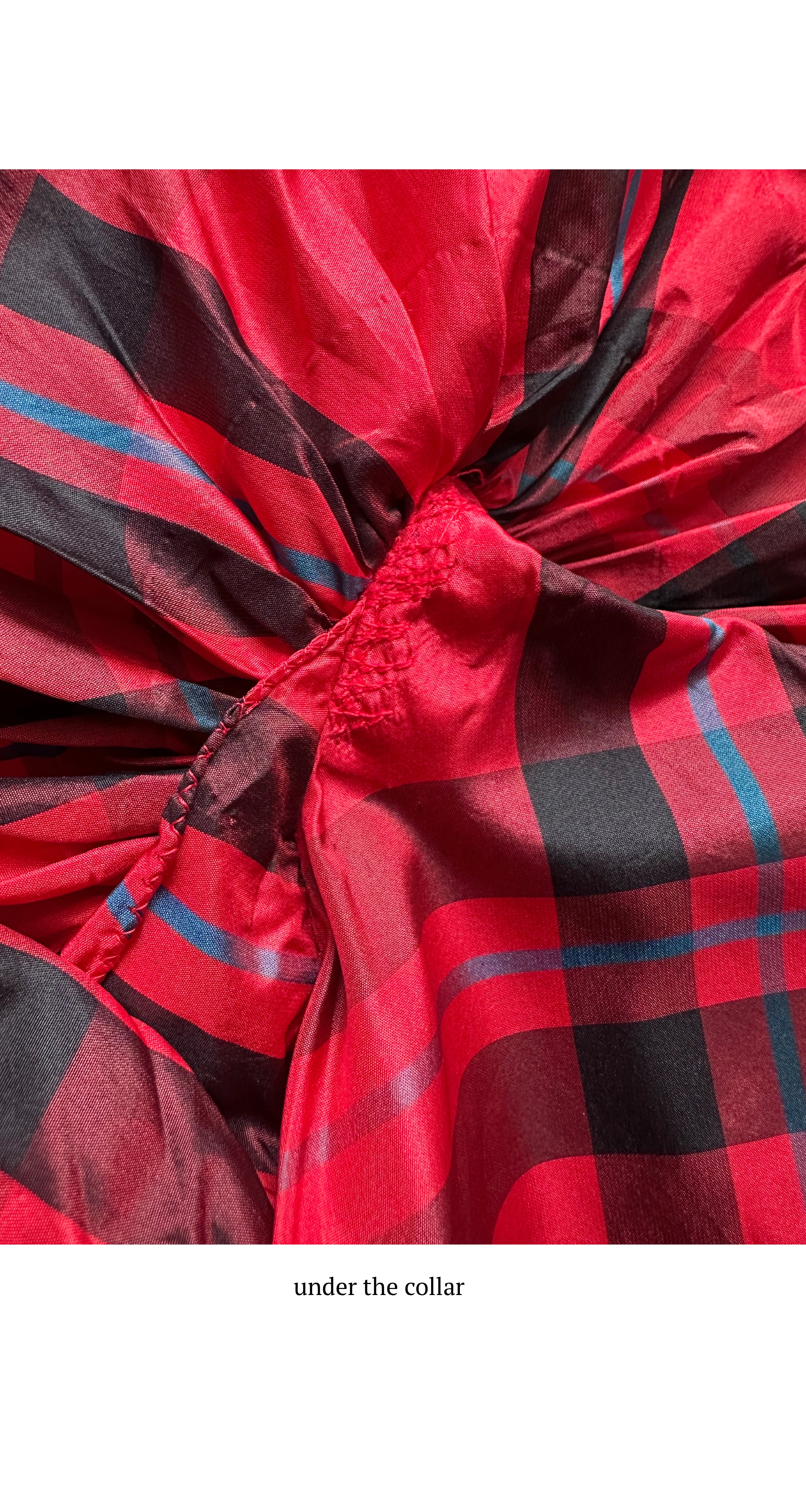 1980s Red Plaid Silk Taffeta Ruffle Collar Blouse