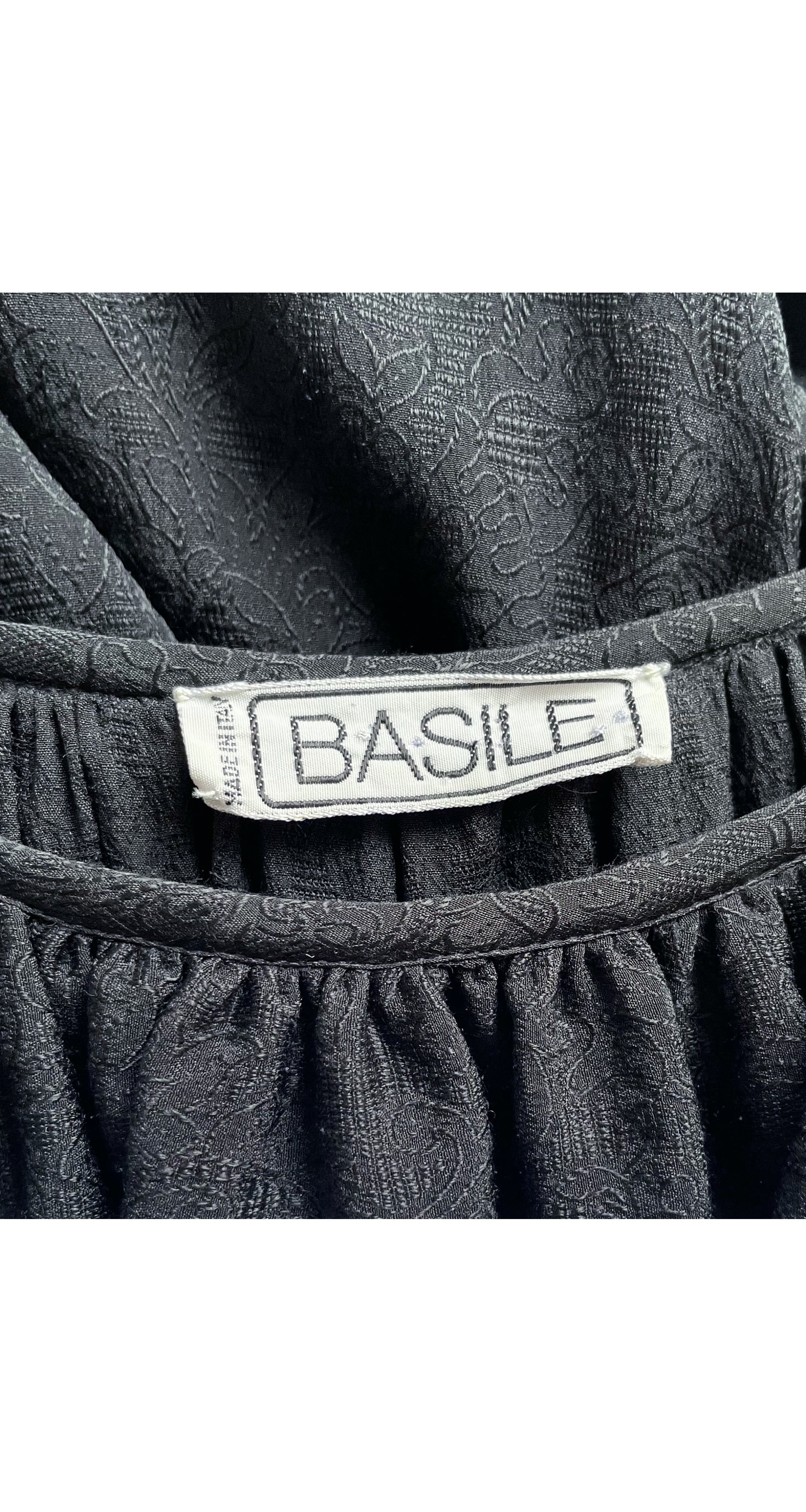 1970s Black Silk Jacquard Ruffle Collar Puff Sleeve Blouse