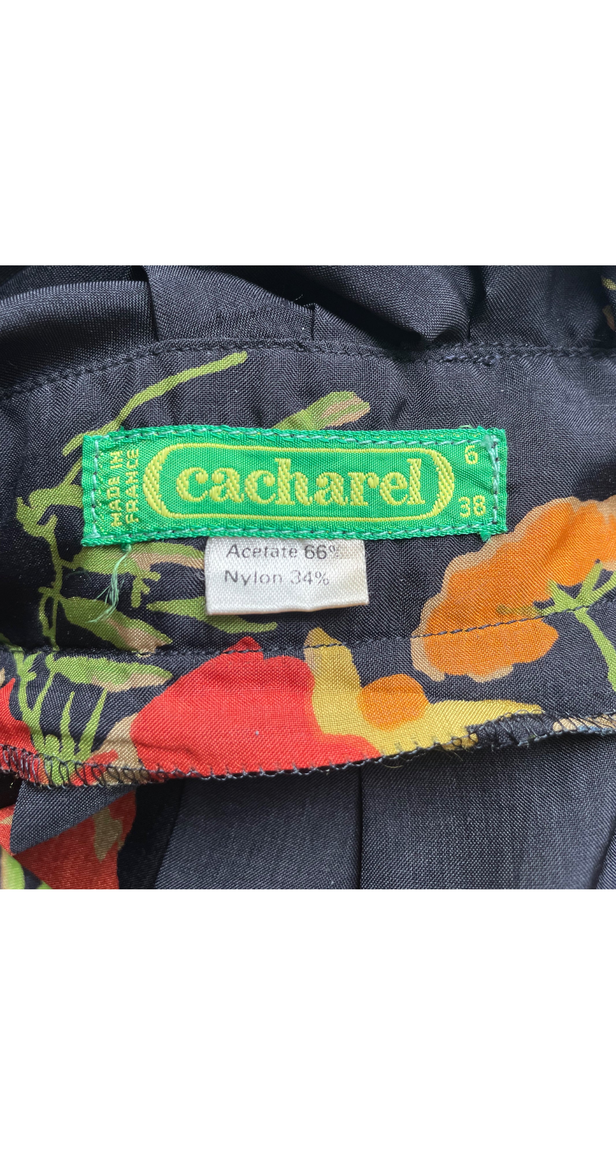 1974 S/S Floral Black Plunge Neck Puff Sleeve Dress