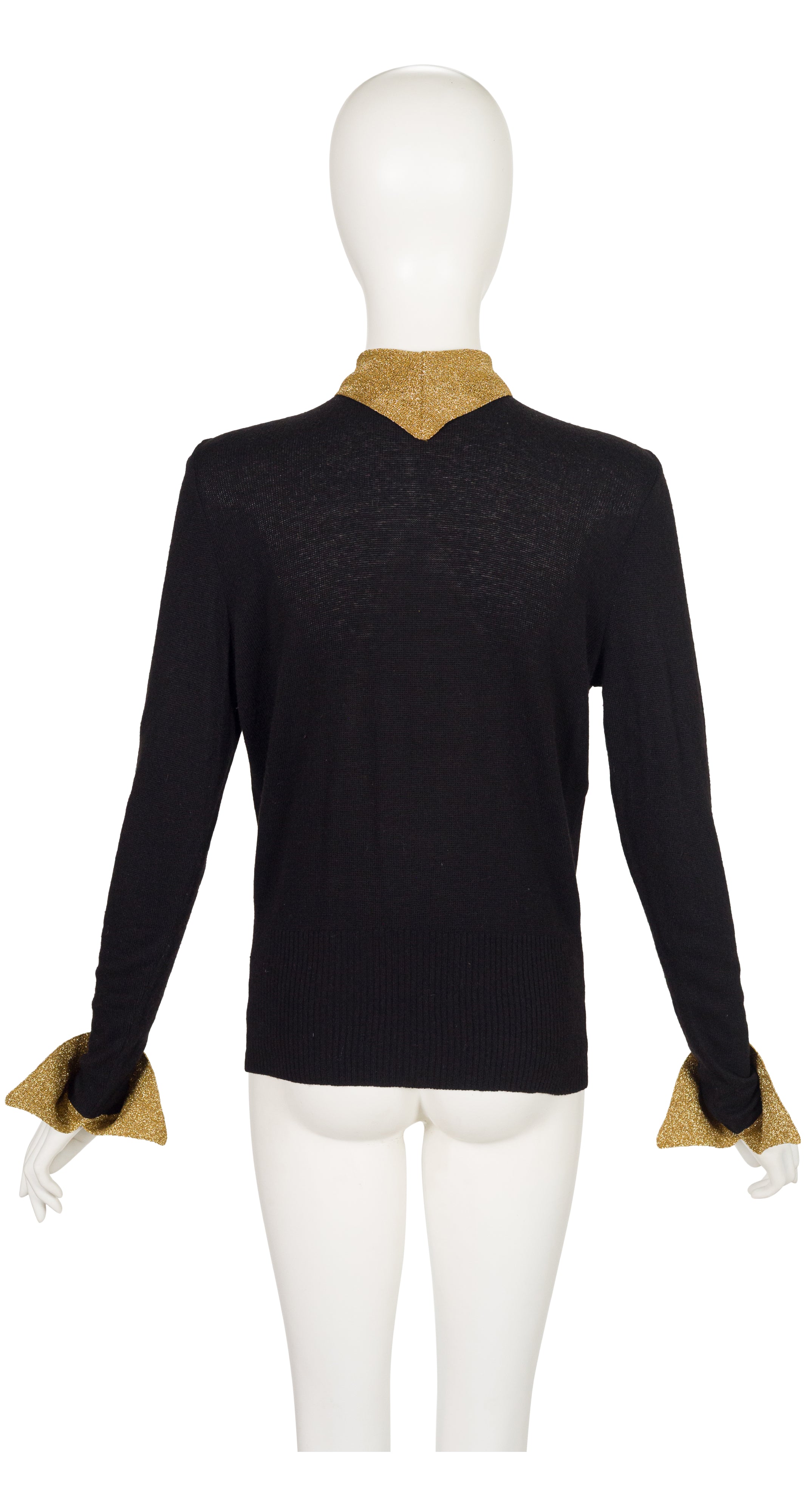 1980s Black Cashmere & Gold Metallic Tie-Neck Sweater