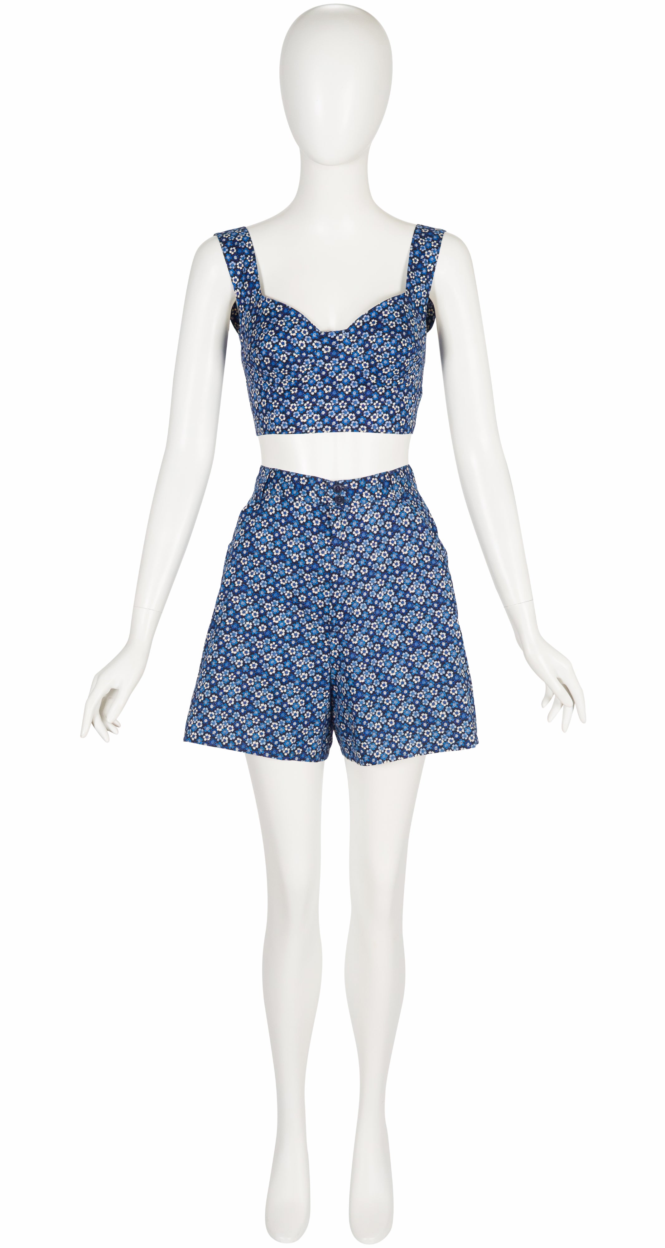 1990s Blue Floral Cotton Bustier Crop Top & Shorts Set
