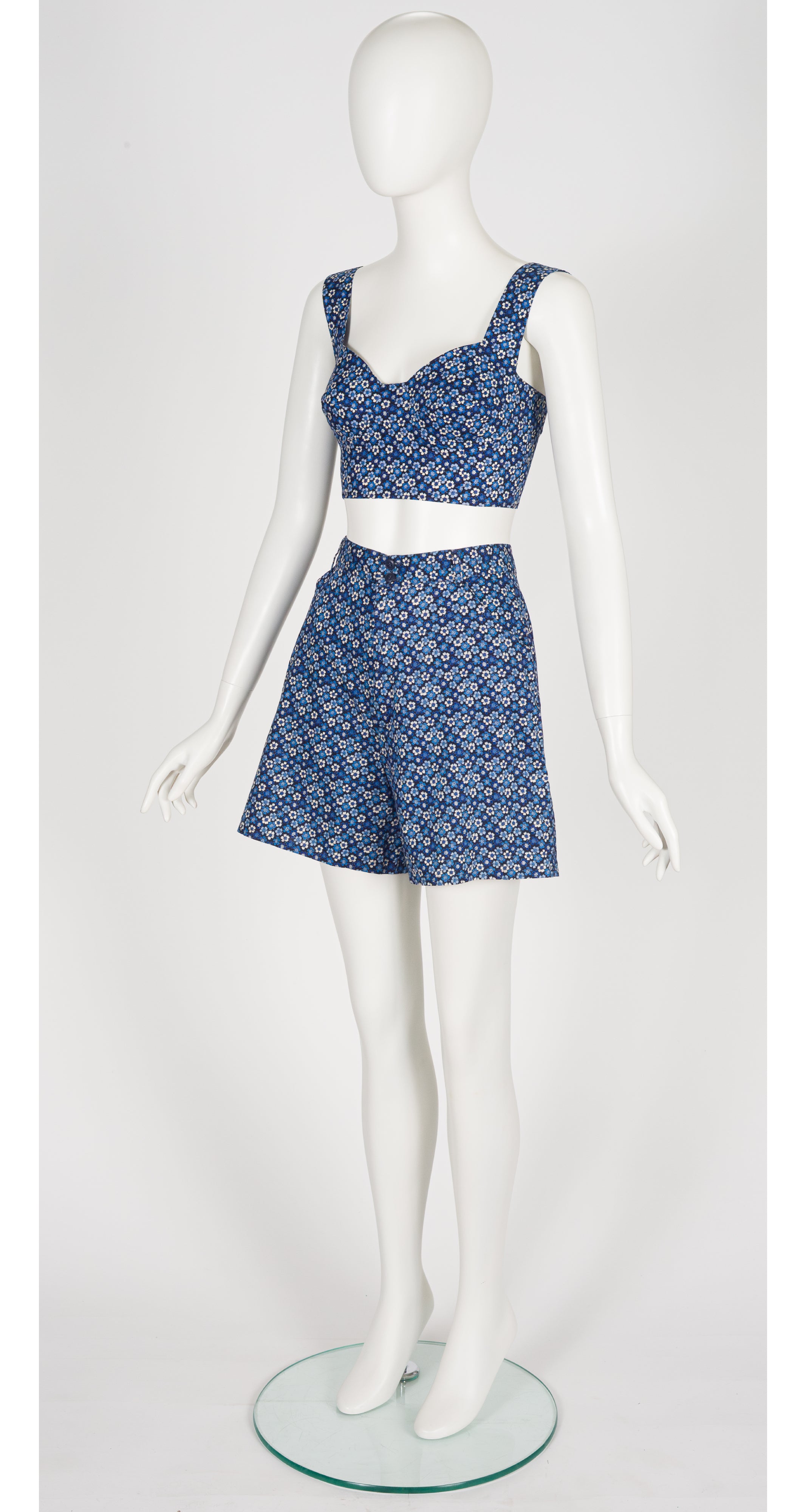 1990s Blue Floral Cotton Bustier Crop Top & Shorts Set