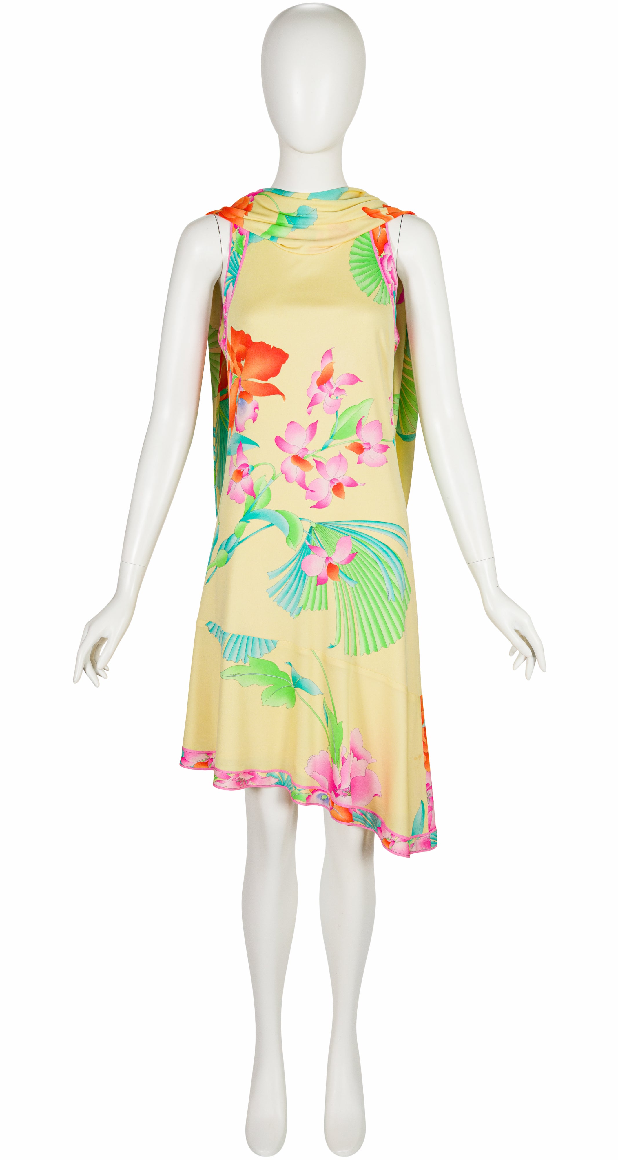 2001 S/S Floral Yellow Silk Jersey Asymmetrical Dress