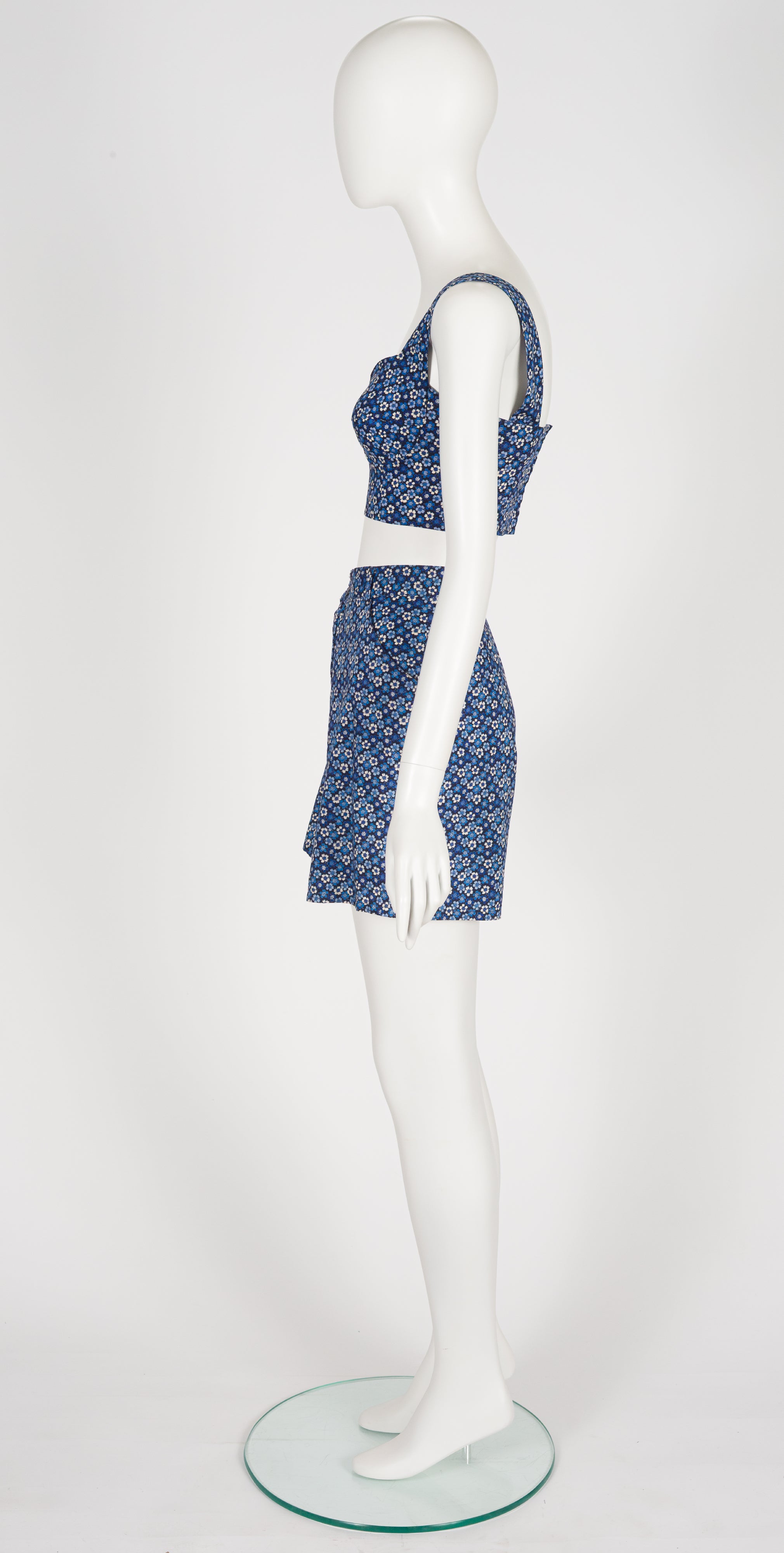 1990s Blue Floral Cotton Bustier Crop Top & Shorts Set