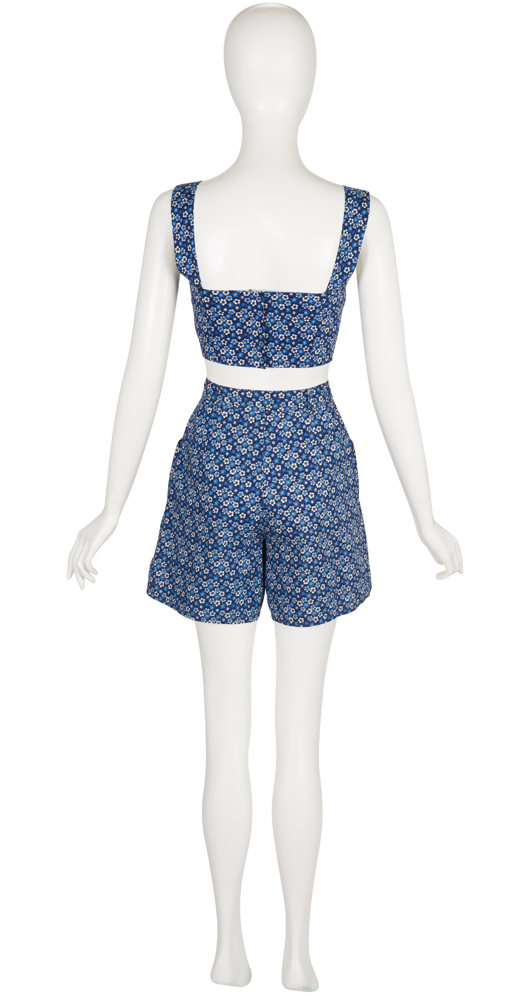 1990s Blue Floral Cotton Bustier Crop Top & Shorts Set