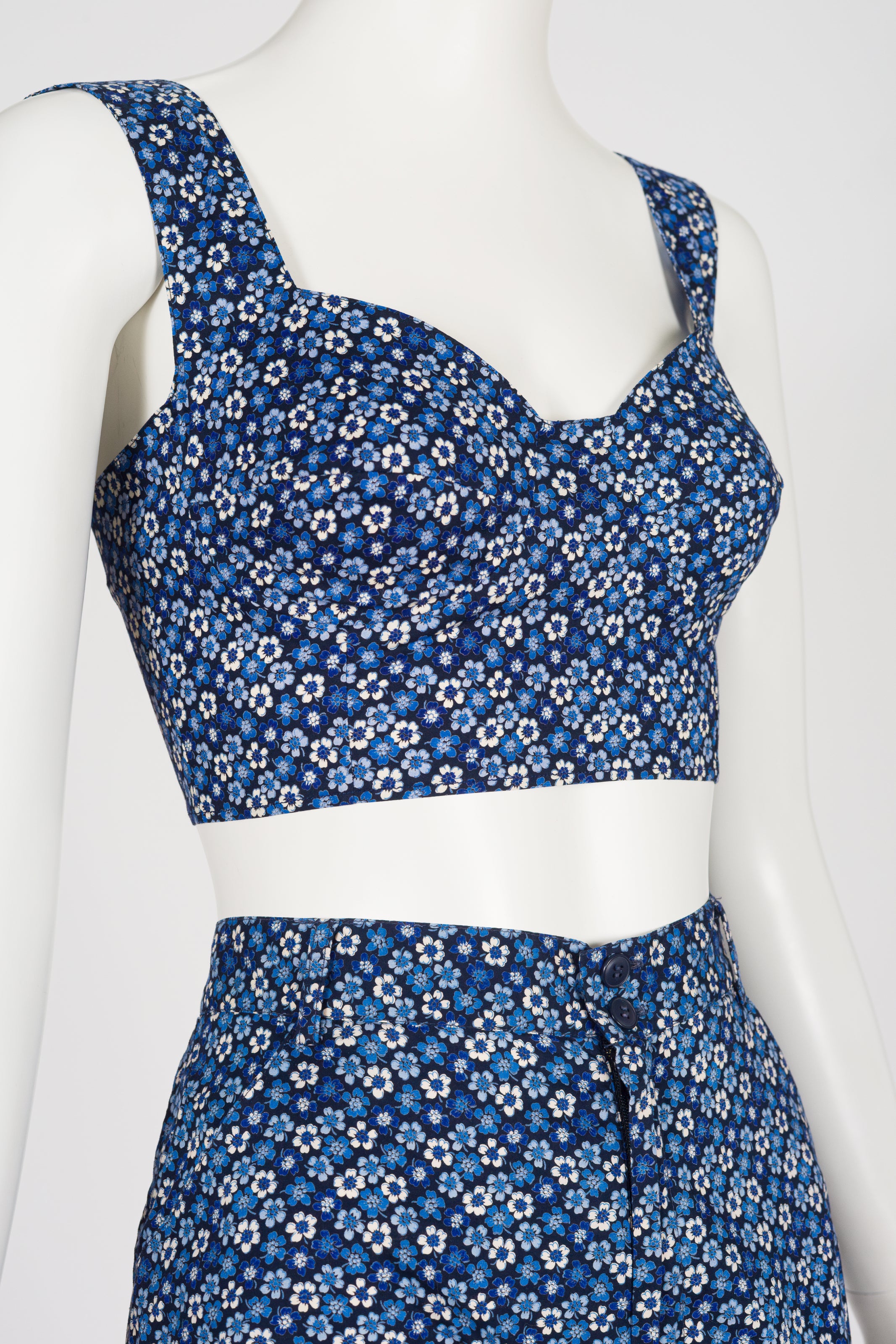 1990s Blue Floral Cotton Bustier Crop Top & Shorts Set