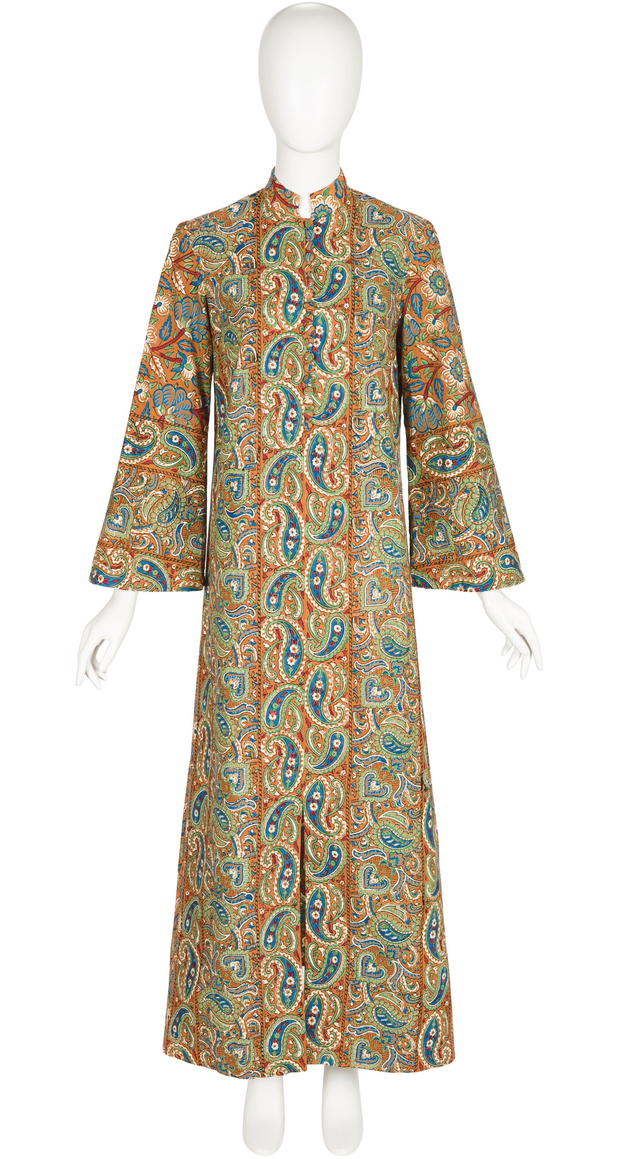 1970s Paisley Block Print Cotton Caftan Maxi Dress