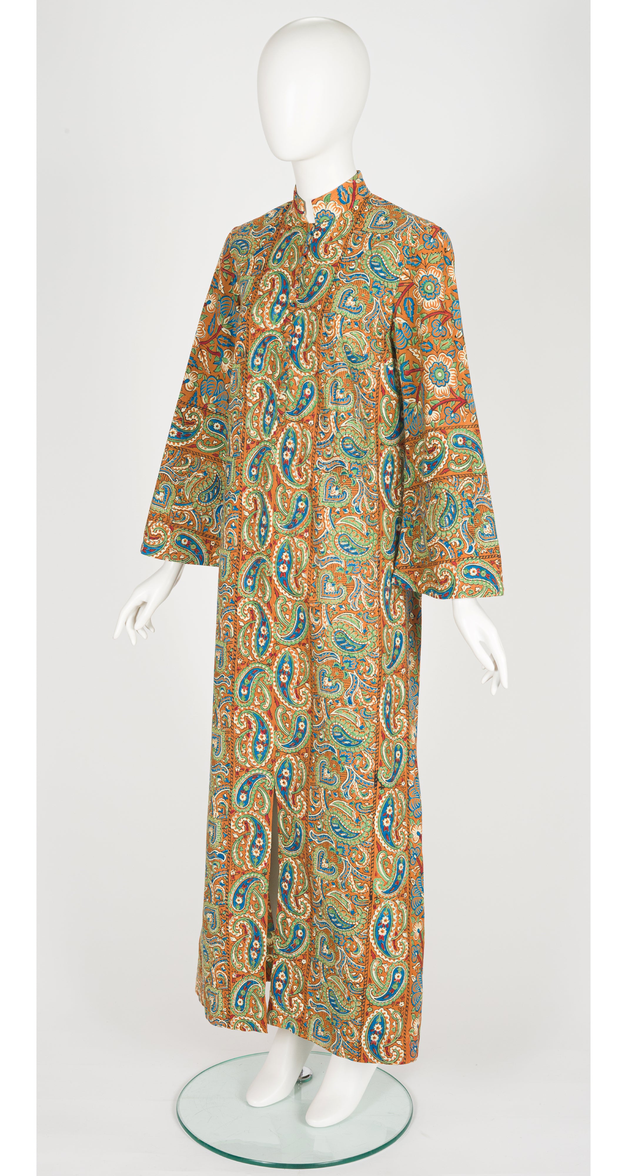 1970s Paisley Block Print Cotton Caftan Maxi Dress