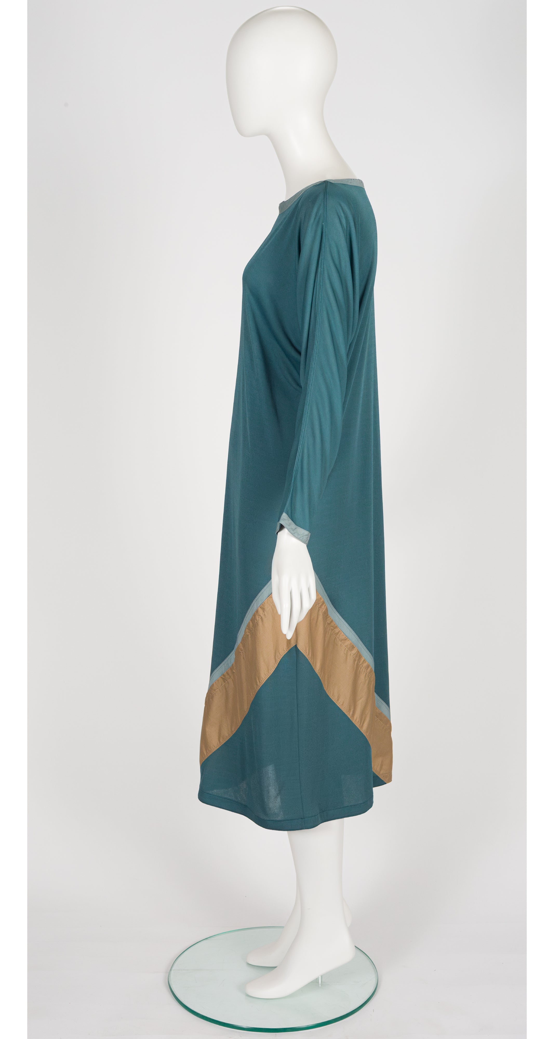 1980s Teal Rayon Jersey Long Sleeve Midi Dress